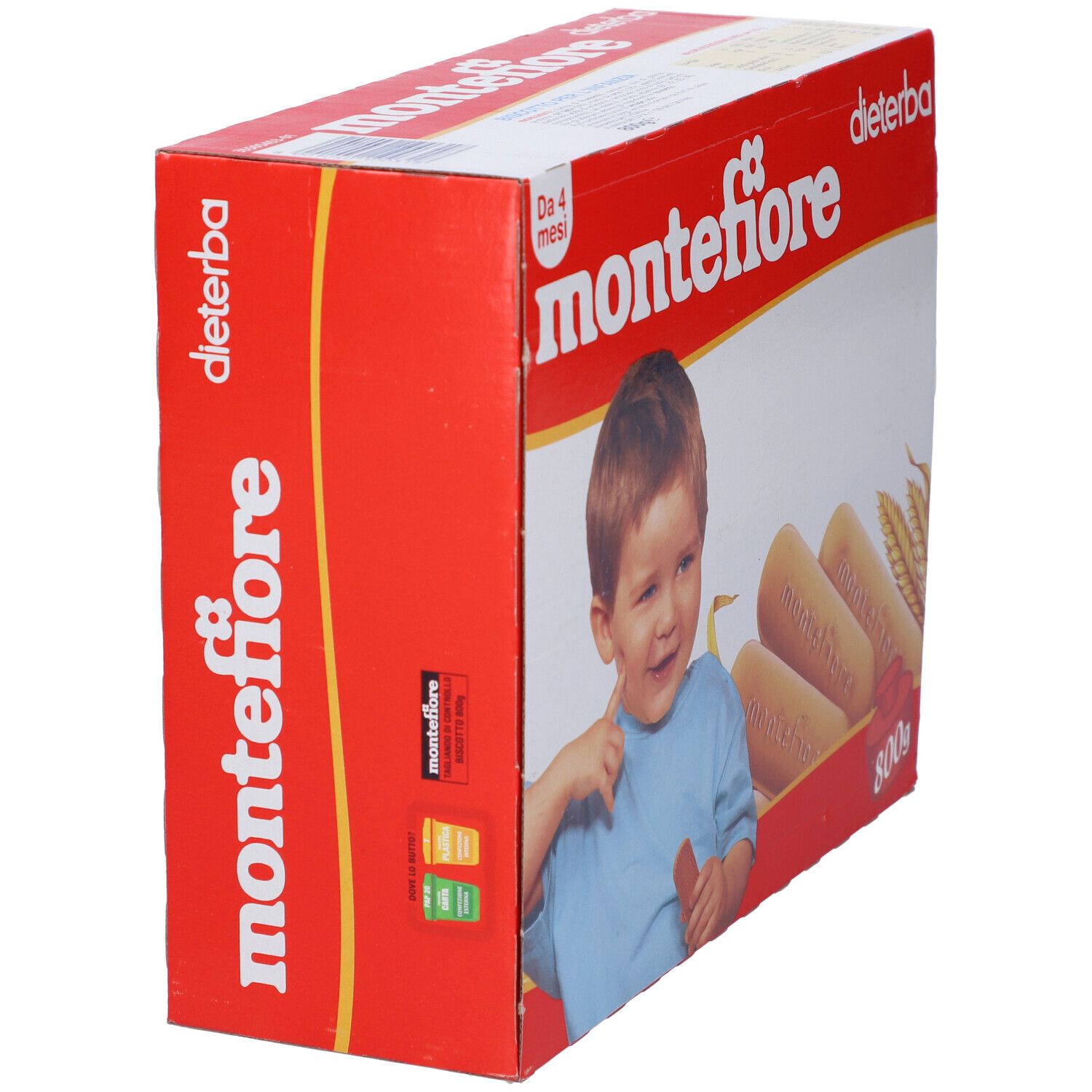 Scatola di biscotti "montefiore". Scatola rossa e bianca con bambino, biscotti e testo. Logo "Dieterba". Vista prospettica.