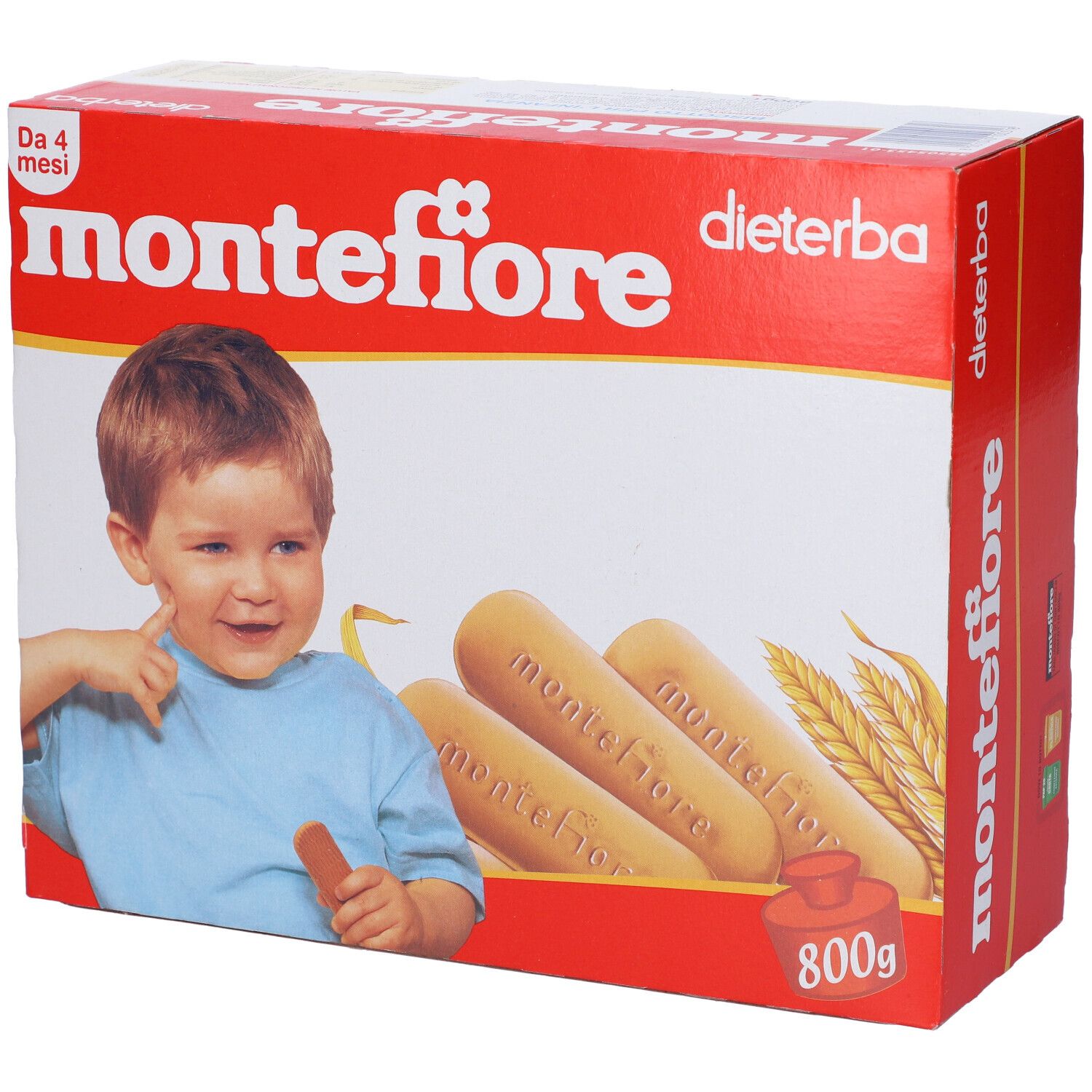 Confezione di biscotti "montefiore". Scatola rossa e bianca con bambino, biscotti e testo. Logo "Dieterba".