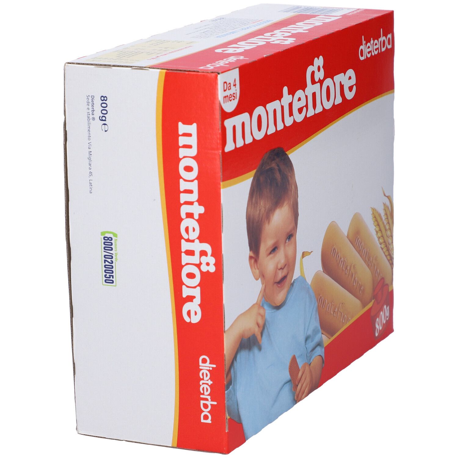Scatola di biscotti "montefiore". Scatola rossa e bianca con bambino, biscotti e testo. Logo "Dieterba". Vista prospettica.