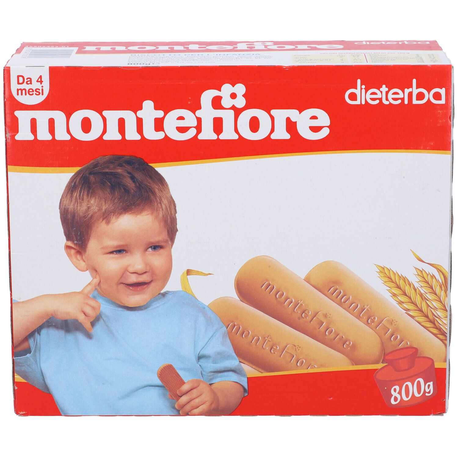 Confezione di biscotti "montefiore". Scatola rossa e bianca con bambino, biscotti e testo. Logo "Dieterba".