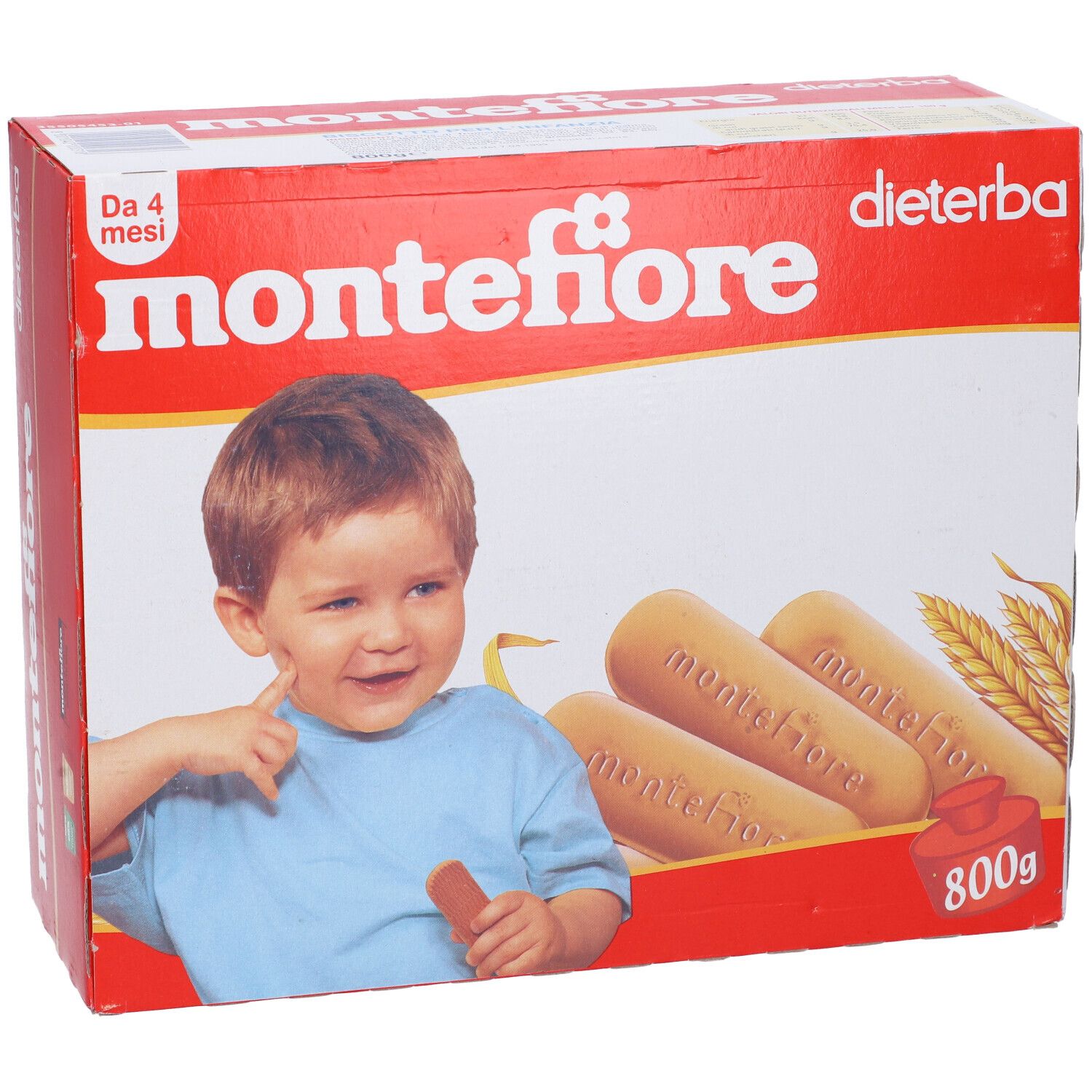 Confezione di biscotti "montefiore". Scatola rossa e bianca con bambino, biscotti e testo. Logo "Dieterba".