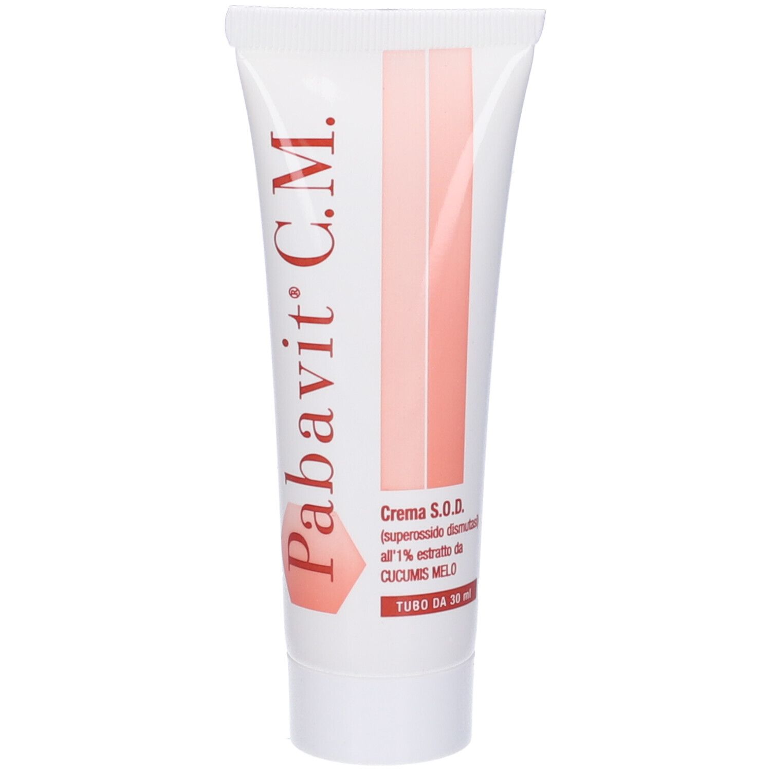 Tubo bianco con scritte rosse e bianche. Nome prodotto: Pabavit C.M. Crema S.O.D. con 1% estratto di Cucumis Melo. Contenuto del tubo 30 ml.
