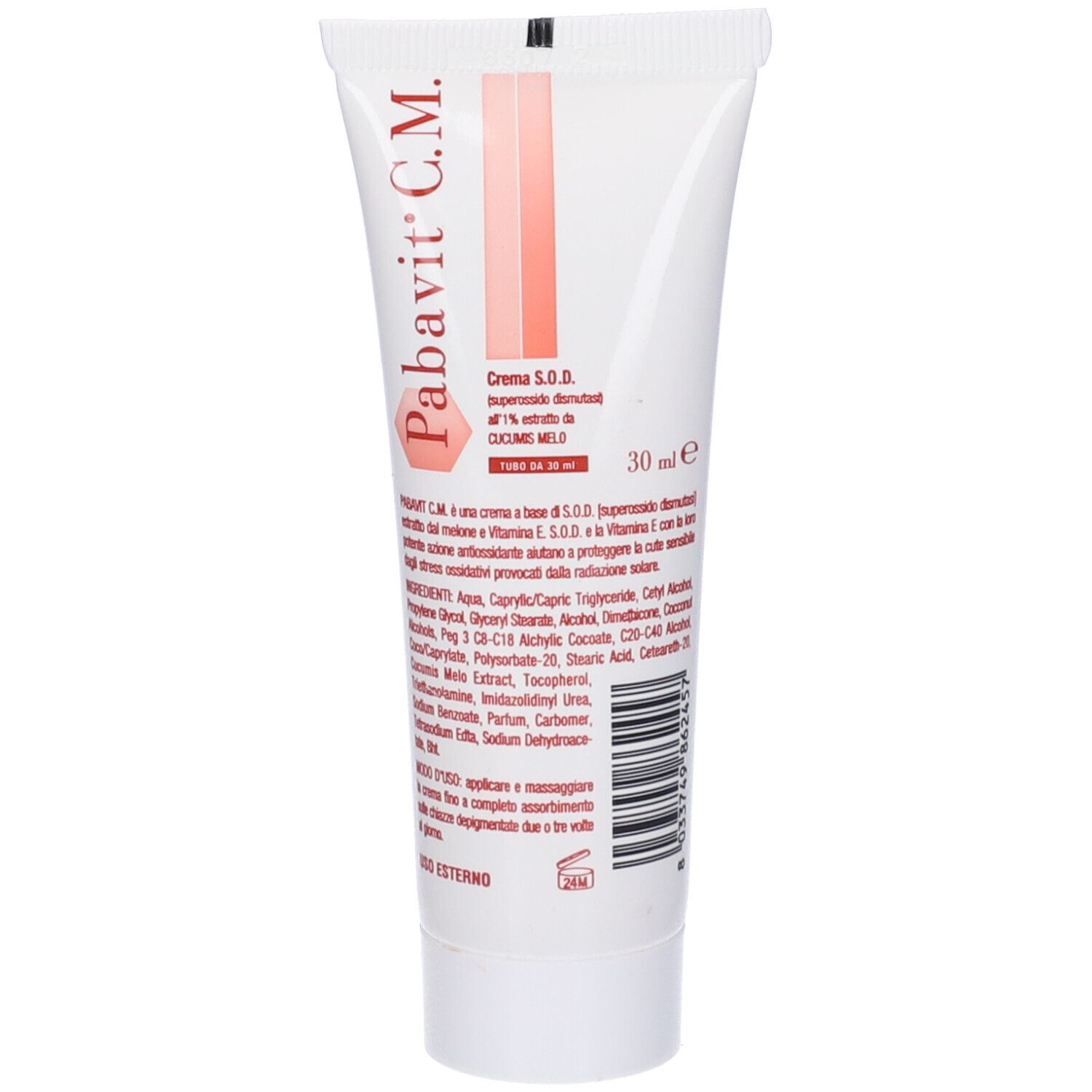 Tubo bianco con scritte rosse e bianche. Nome prodotto: Pabavit C.M. Crema S.O.D. con 1% estratto di Cucumis Melo. Contenuto del tubo 30 ml. Ingredienti stampati.