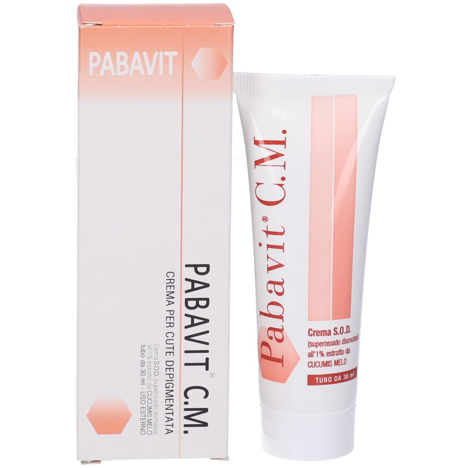 Confezione del prodotto: tubo e scatola. Tubo: bianco con scritte rosse. Scatola: bianca con scritte rosse. Nome prodotto: Pabavit C.M. Crema per schiarire la pelle.