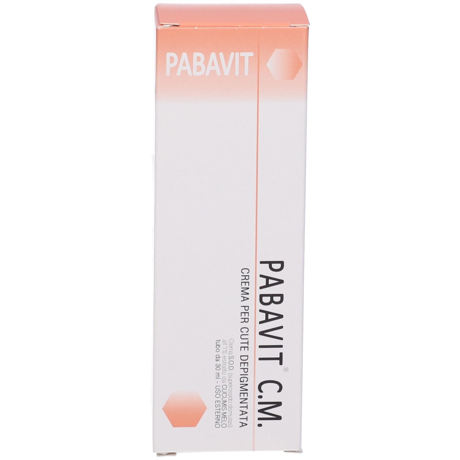 Confezione in cartone, bianca con scritte rosse. Nome prodotto: Pabavit C.M. Crema per schiarire la pelle. Contenuto: 30 ml. Per uso esterno.