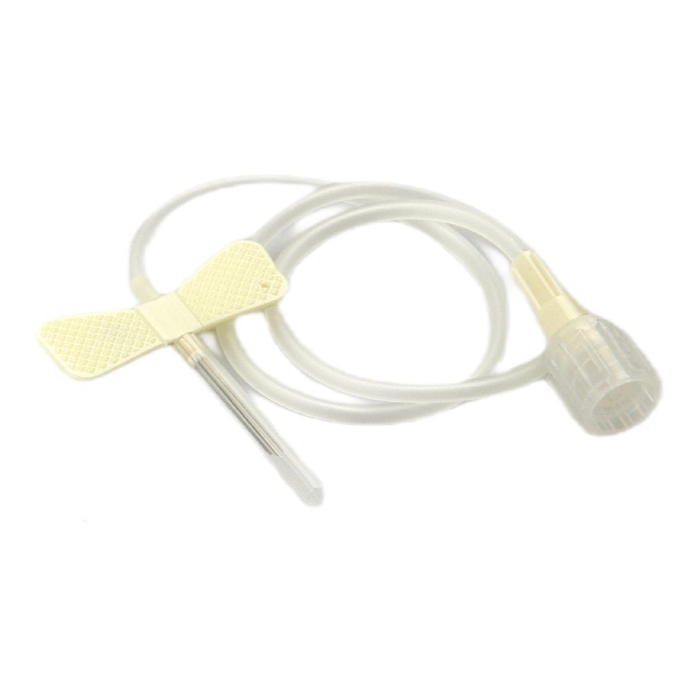 Ago medico con alette e tubo. Alette gialle, ago e tubo trasparenti. Connessione conica.