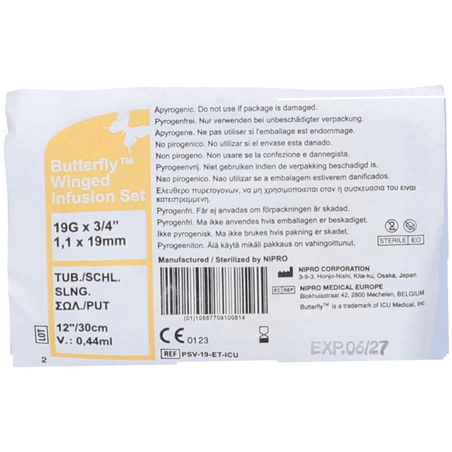 Confezione di set per infusione medica. Testo: Butterfly Winged Infusion Set, 19G x 3/4, 1,1 x 19mm. Sterile.