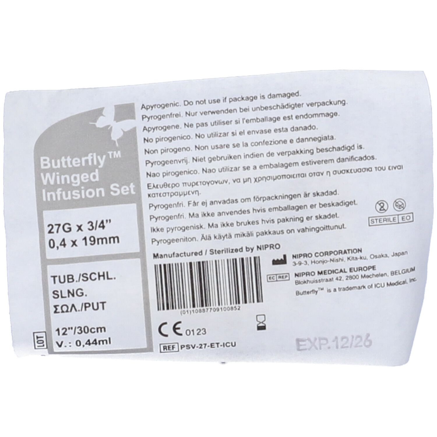 Confezione con testo: Butterfly Winged Infusion Set, 27G x 3/4", 0,4 x 19mm. Sterile.