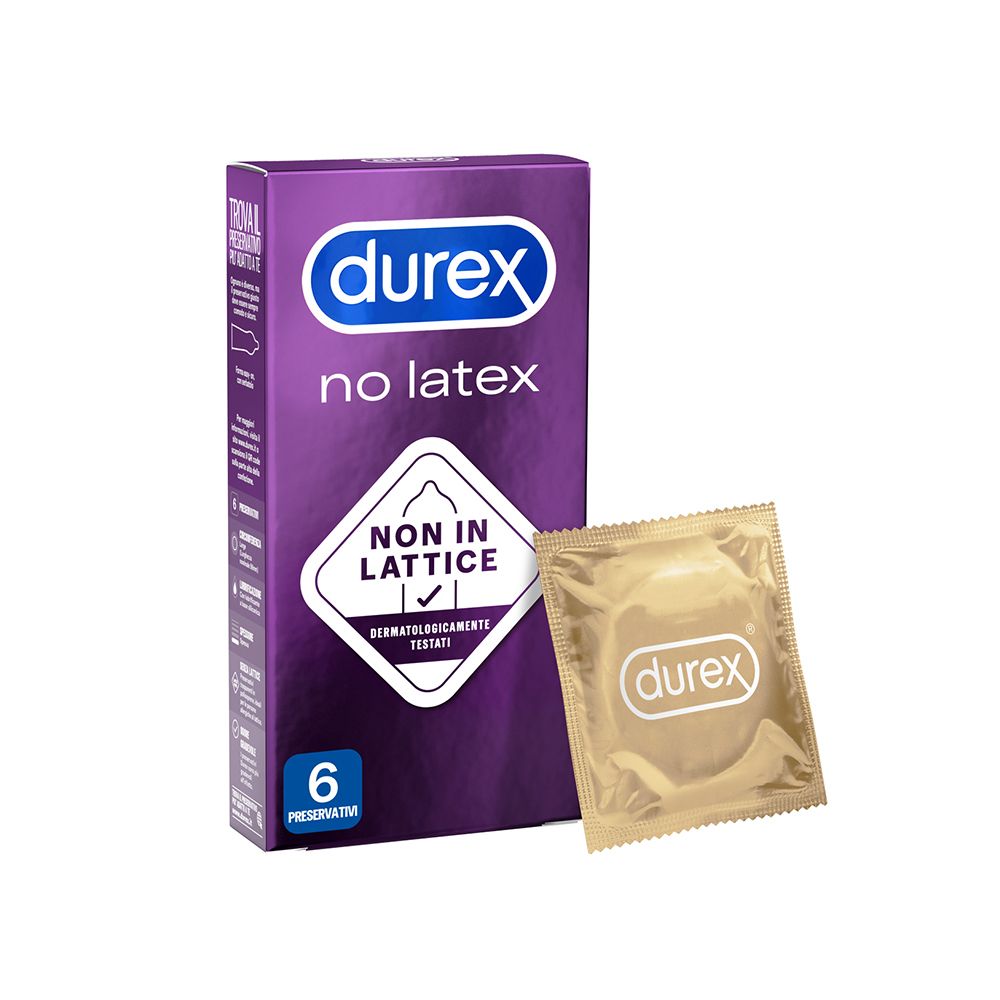 Packung und einzelner Kondombeutel. Auf der Packung steht "durex NO LATEX". Beutel mit "durex" Logo.