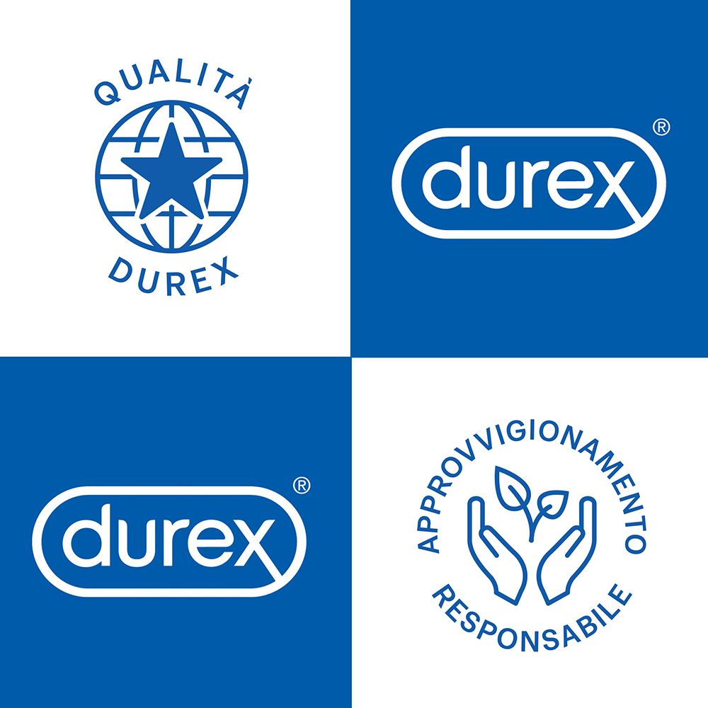 Vier Logos. Oben links: Durex-Logo mit Stern. Oben rechts: Durex-Logo. Unten links: Durex-Logo. Unten rechts: Logo mit Händen und Blättern.