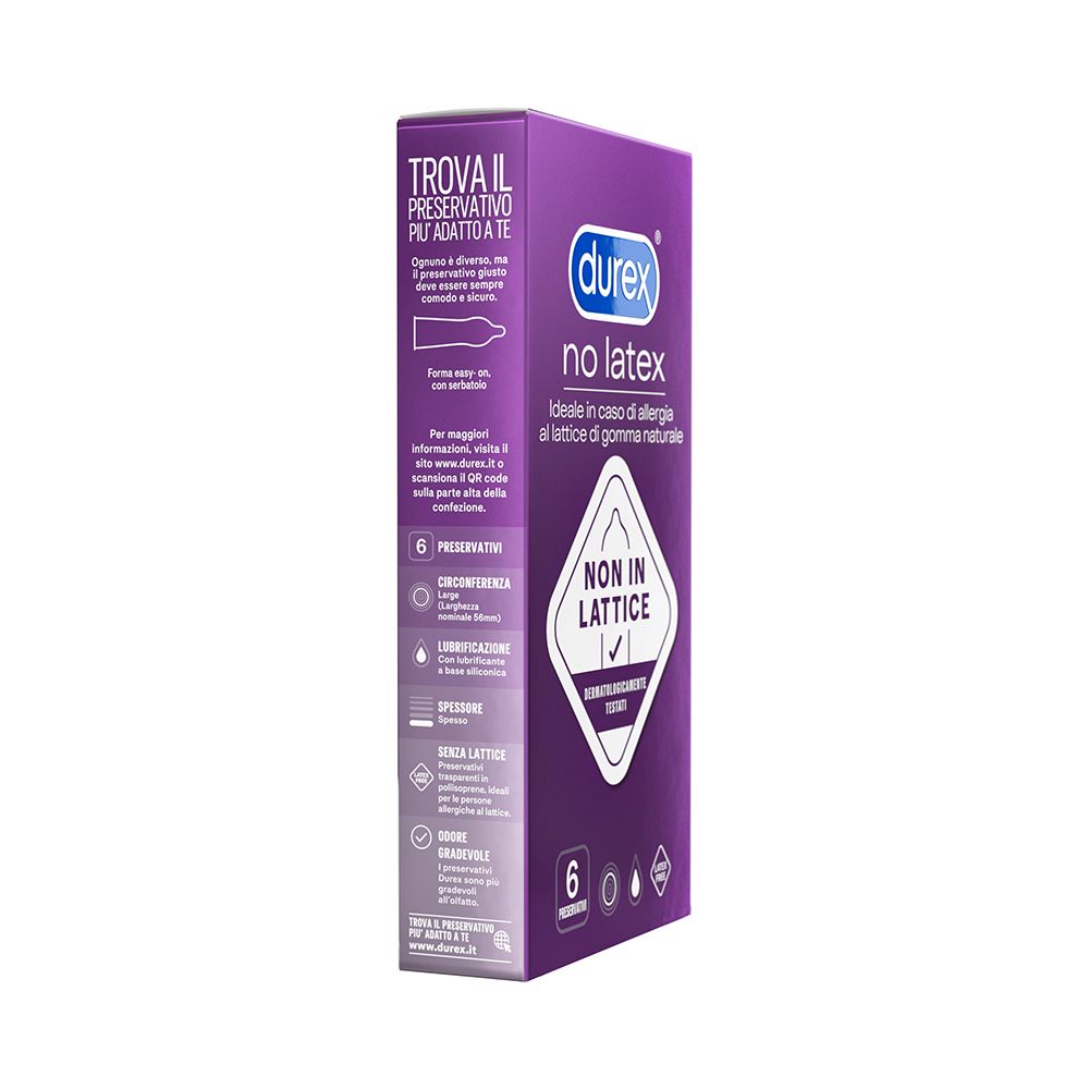 Durex No Latex Packung. Auf der Packung steht "durex NO LATEX" und "6 Preservativi".