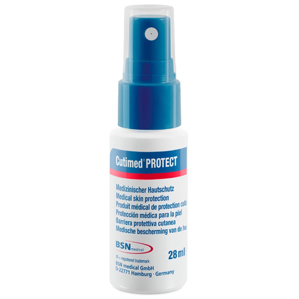 Spray per la protezione della pelle, flacone bianco-blu con nebulizzatore. Scritta: Cutimed PROTECT, 28ml.