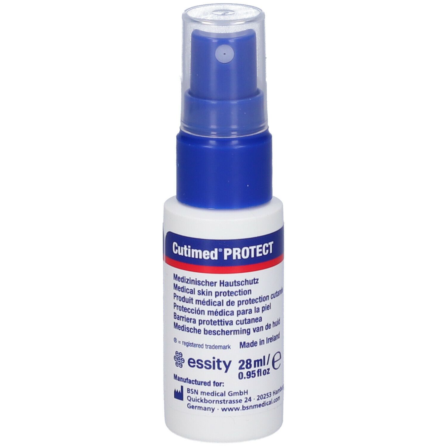 Spray per la protezione della pelle, flacone bianco-blu con nebulizzatore. Scritta: Cutimed PROTECT, 28ml, essity.