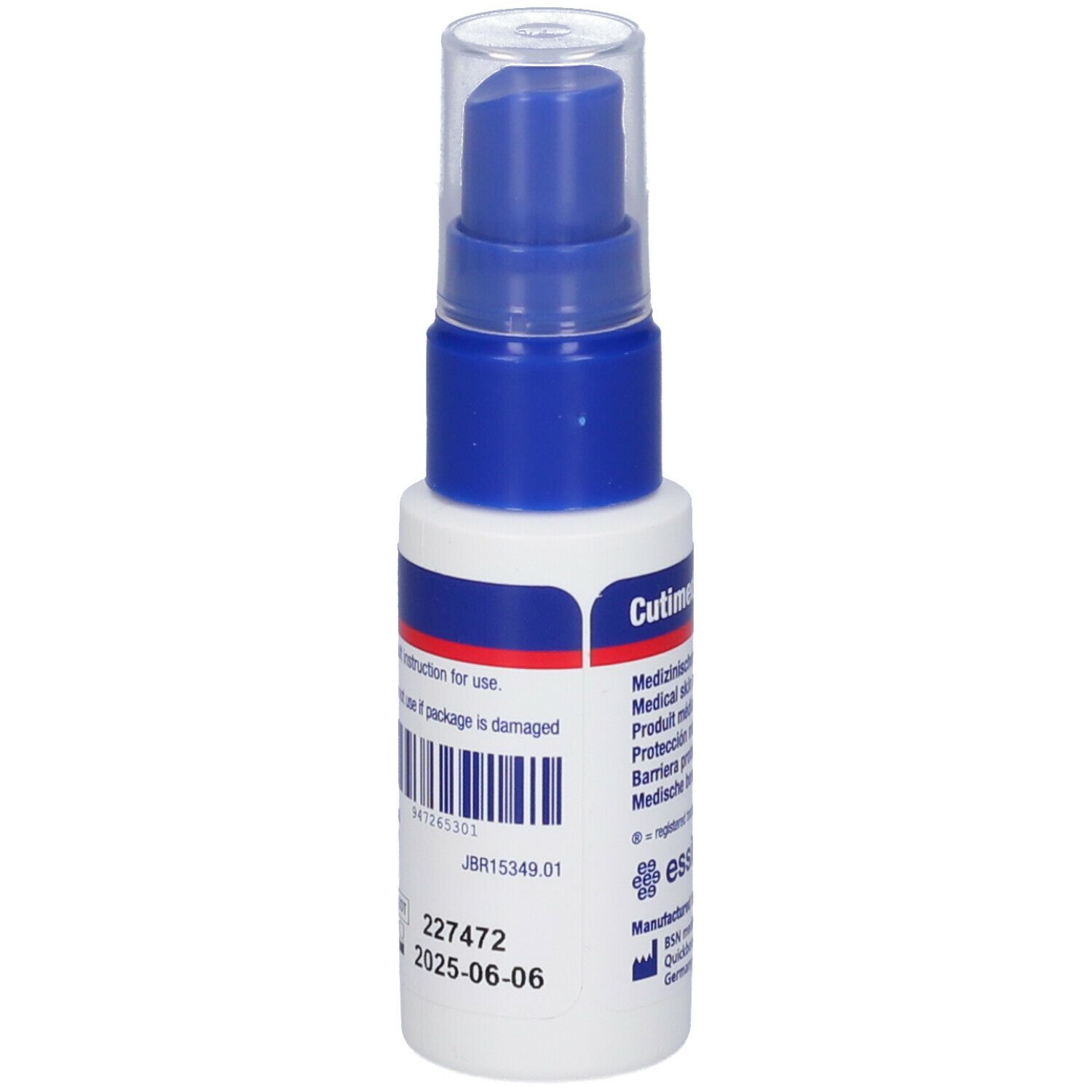 Retro dello spray per la protezione della pelle. Codice a barre, numero di lotto, data di scadenza. Scritta: Cutimed, essity.