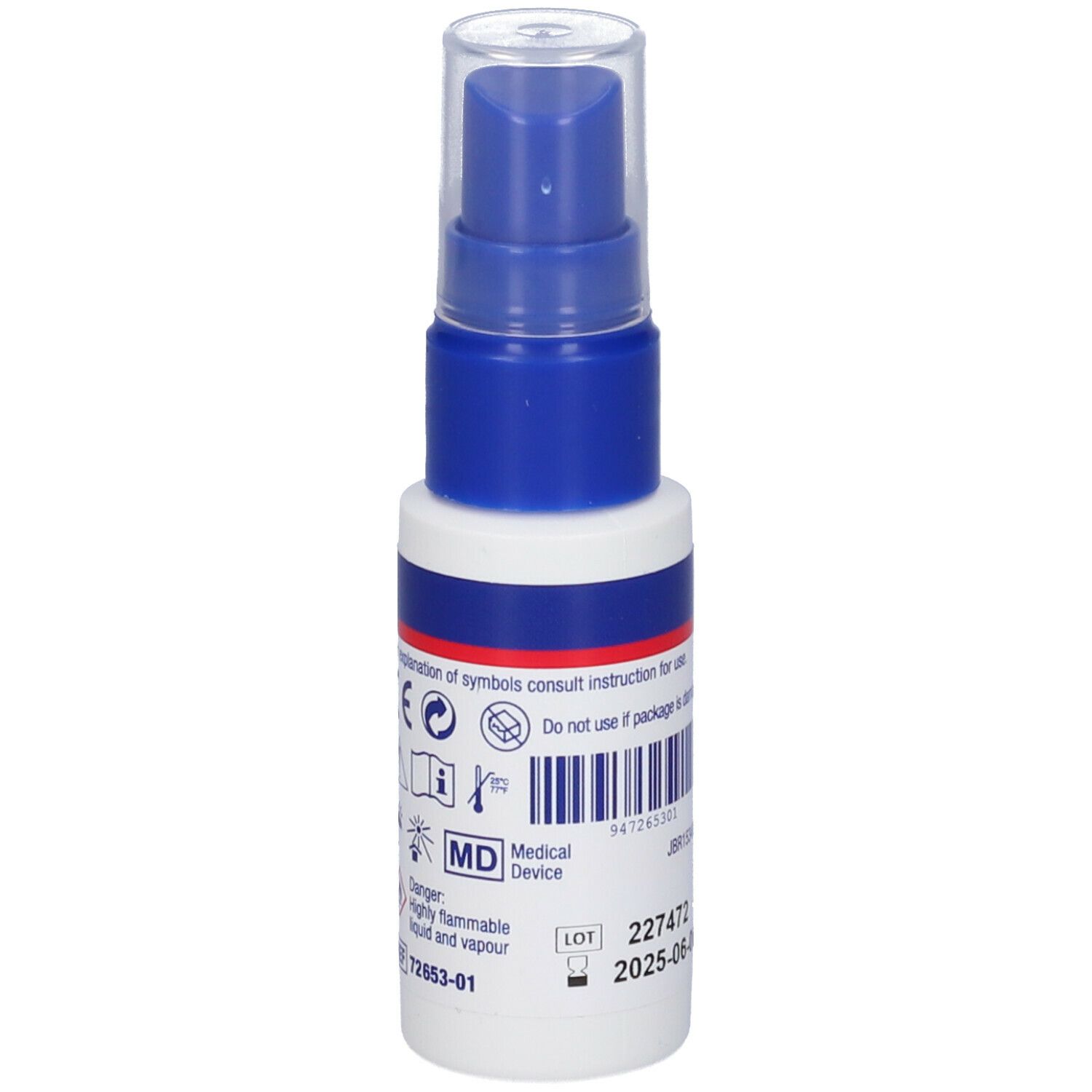 Retro dello spray per la protezione della pelle. Codice a barre, numero di lotto, data di scadenza. Simbolo di dispositivo medico. Scritta: Cutimed.