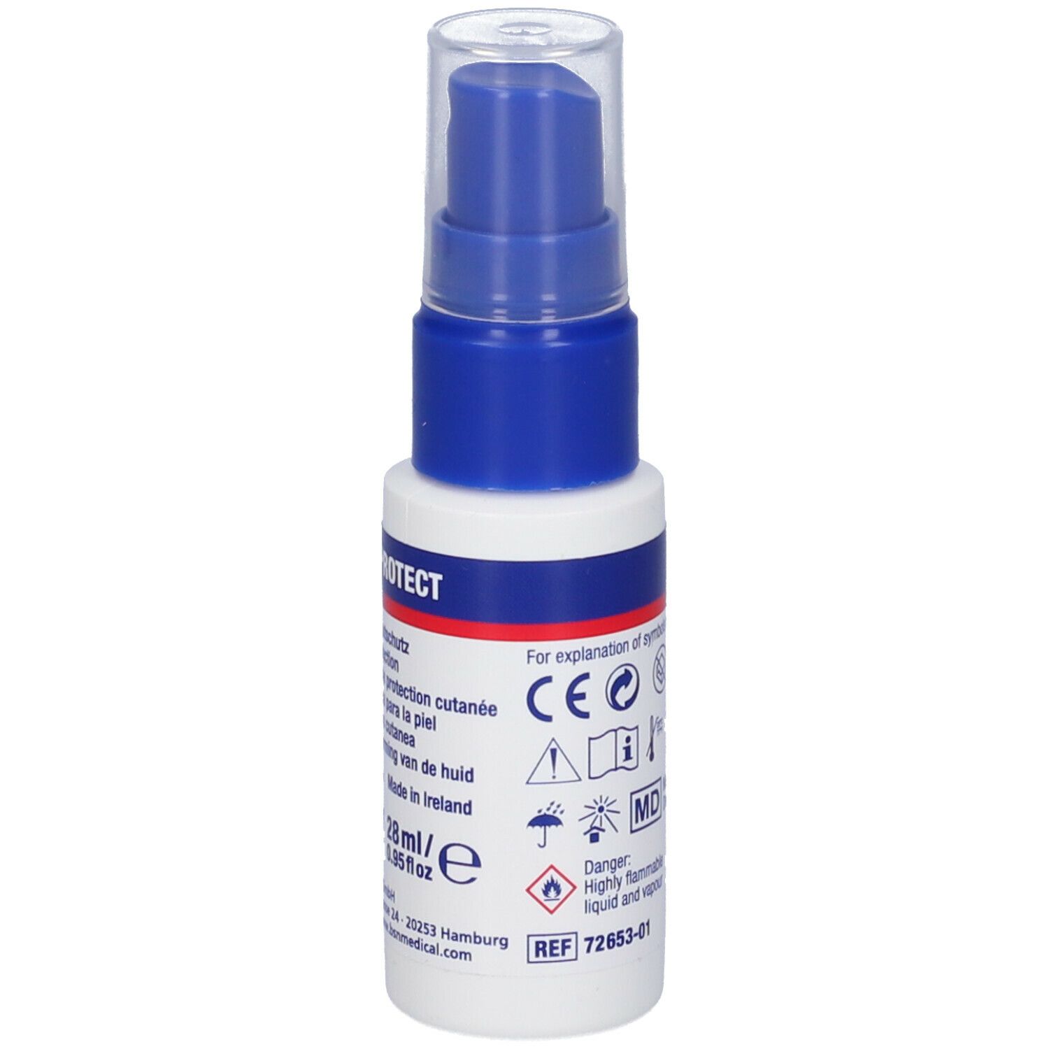 Spray per la protezione della pelle, flacone bianco-blu con nebulizzatore. Scritta: Cutimed PROTECT, 28ml, essity. Avvertenze.