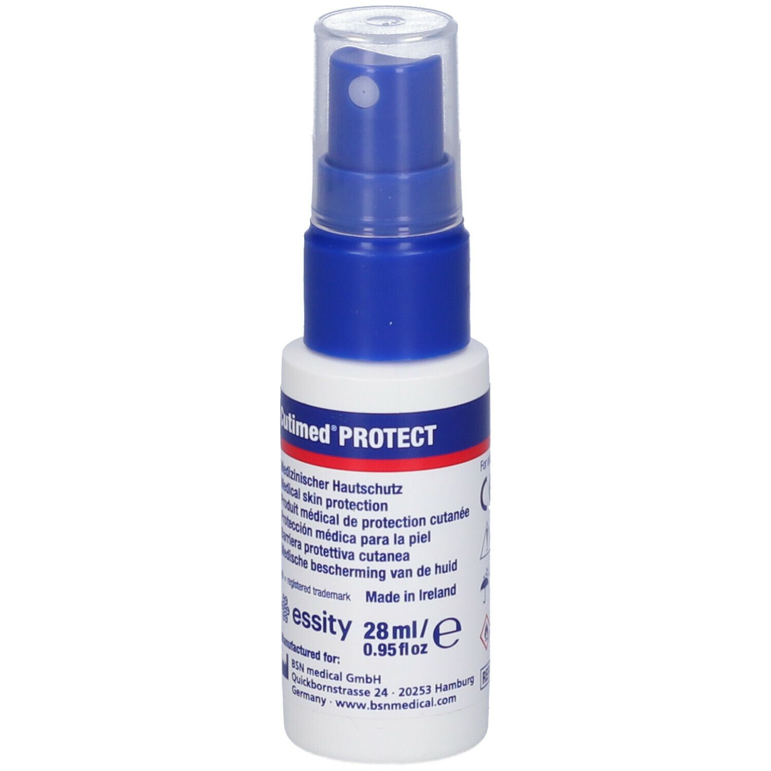Spray per la protezione della pelle, flacone bianco-blu con nebulizzatore. Scritta: Cutimed PROTECT, 28ml, essity.