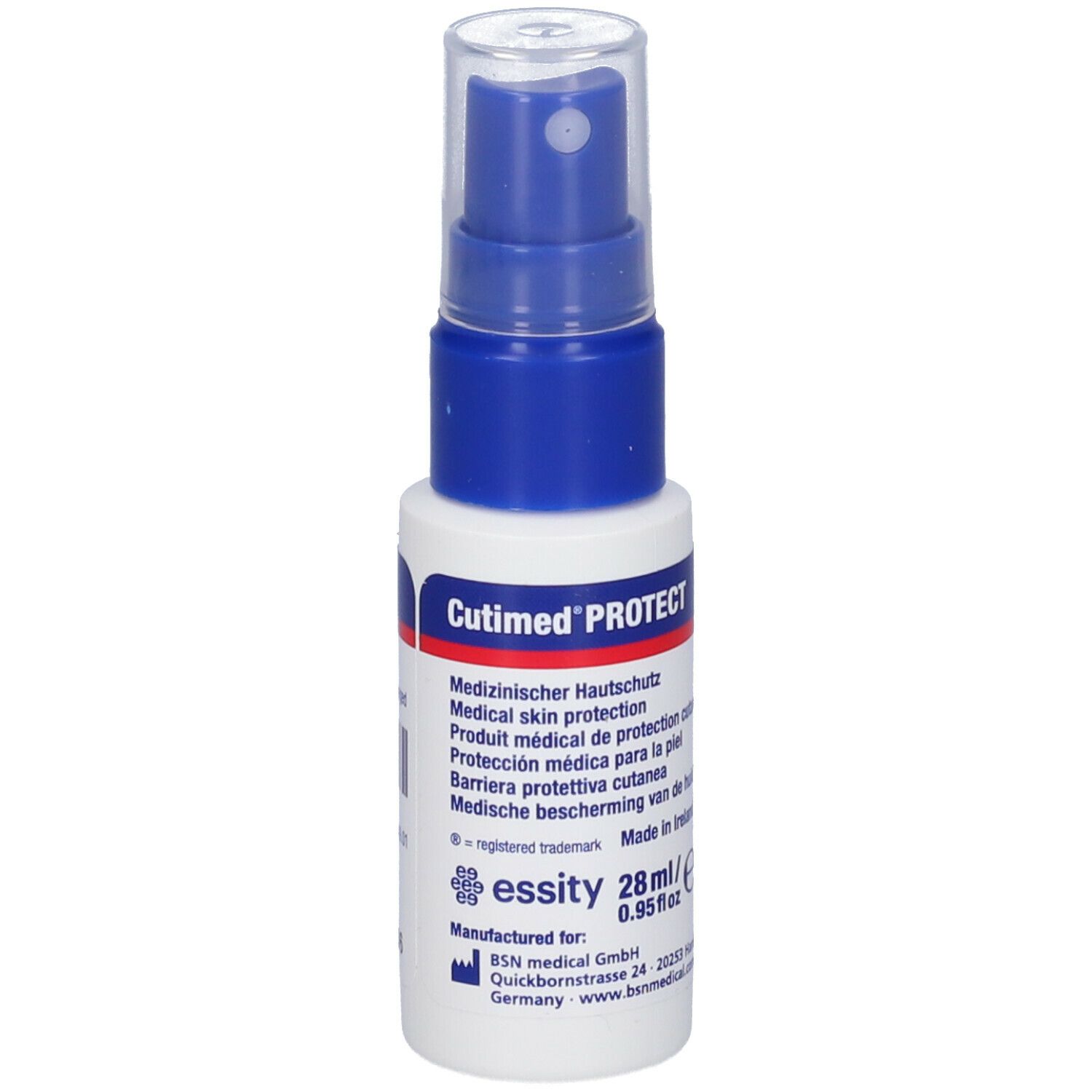 Spray per la protezione della pelle, flacone bianco-blu con nebulizzatore. Scritta: Cutimed PROTECT, 28ml, essity.