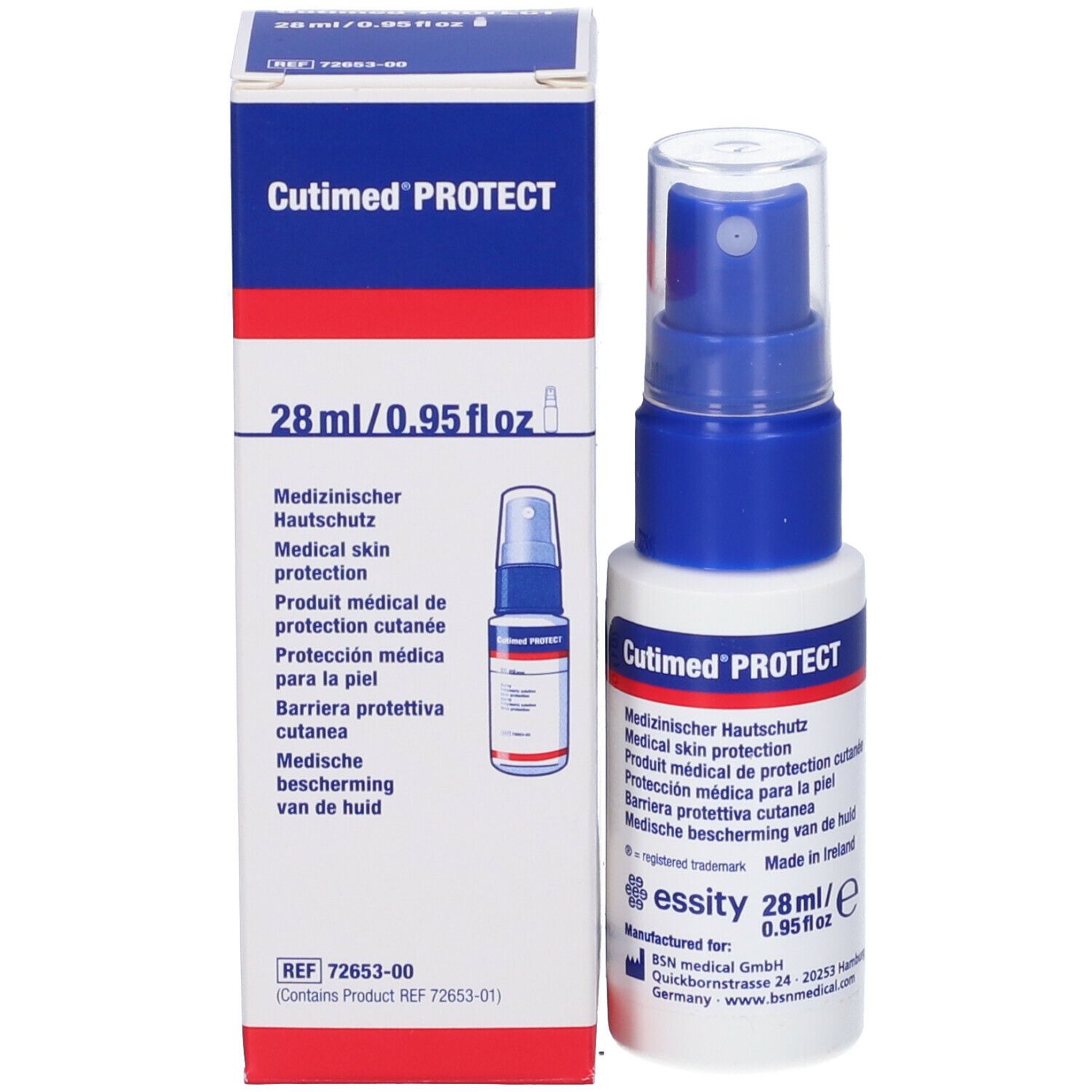 Spray per la protezione della pelle e confezione. Scritta: Cutimed PROTECT, 28ml. Immagine dello spray sulla confezione.