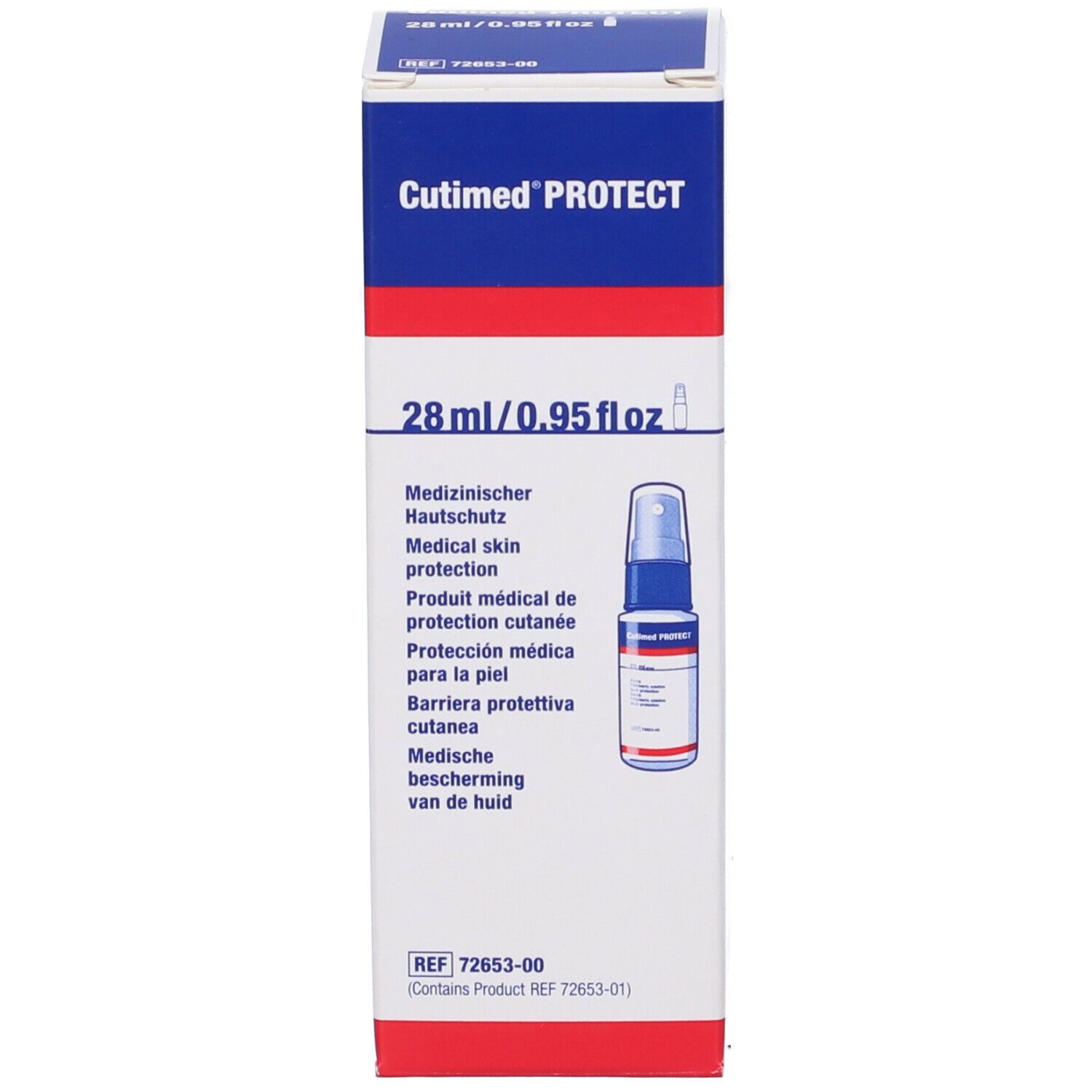 Confezione dello spray per la protezione della pelle. Scritta: Cutimed PROTECT, 28ml. Immagine dello spray.