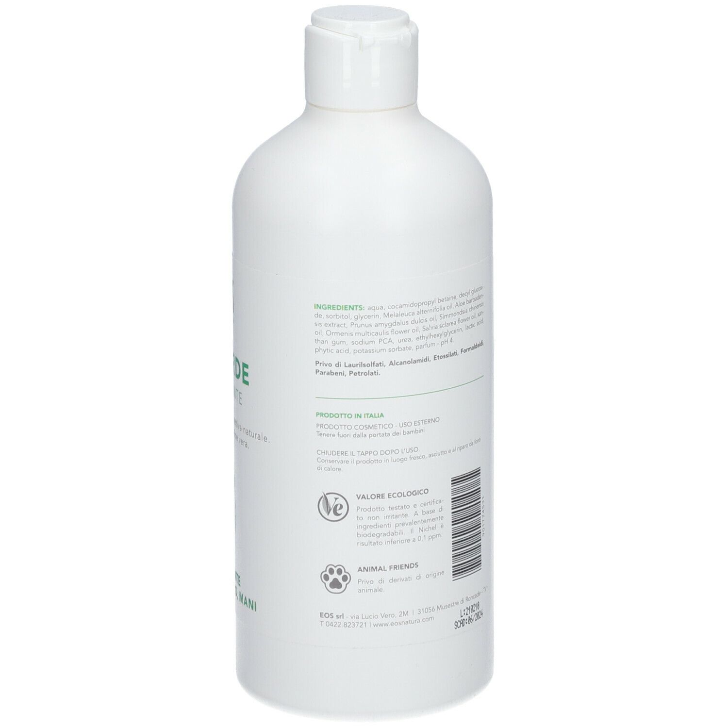 Flacone bianco con etichetta verde. Scritta: BioVerde, detergente intimo. Logo: EOS. Flacone con tappo a ribalta.