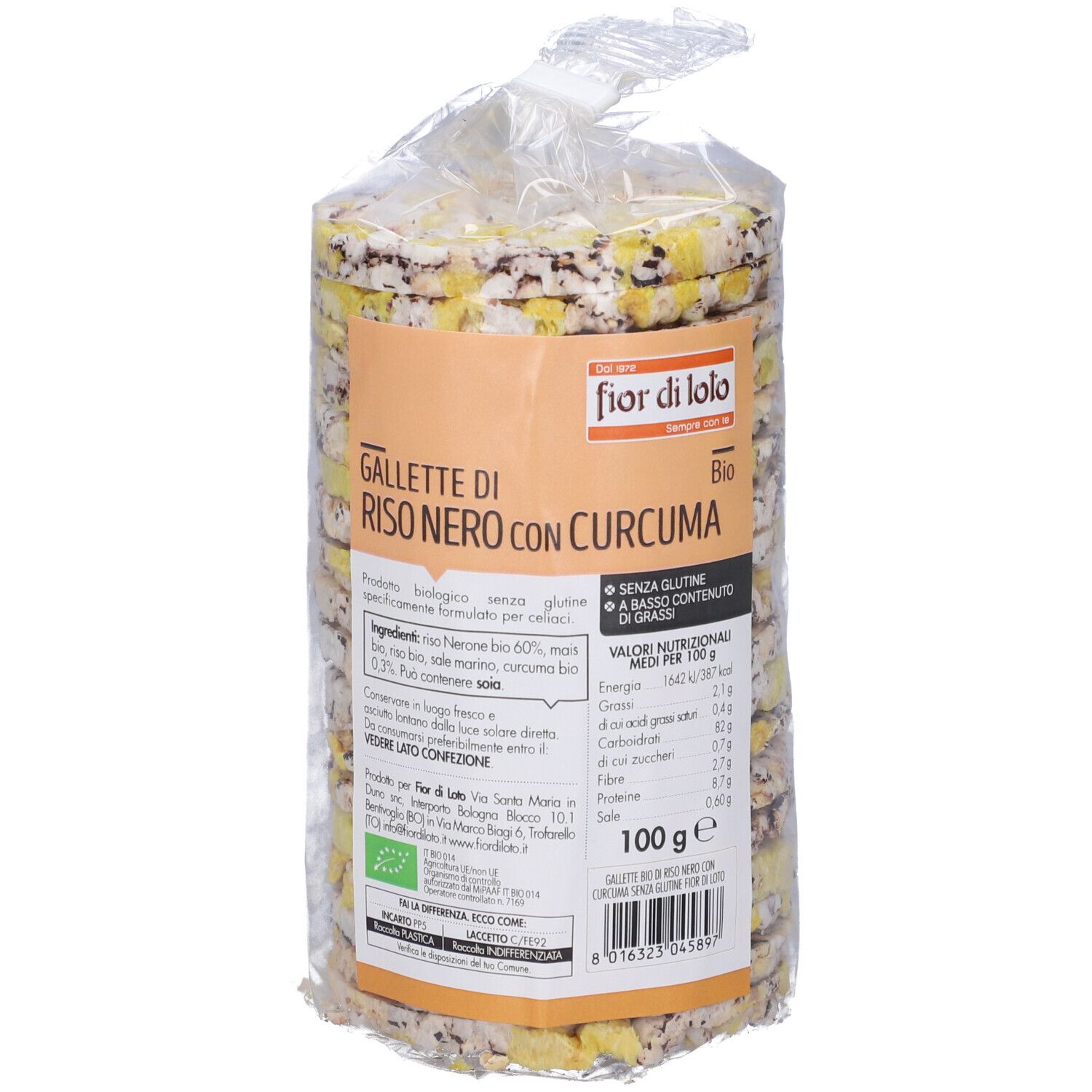 Confezione di gallette di riso con curcuma. Marchio Fior di Loto, Bio. Scritta: Senza glutine, a basso contenuto di grassi. 100g.
