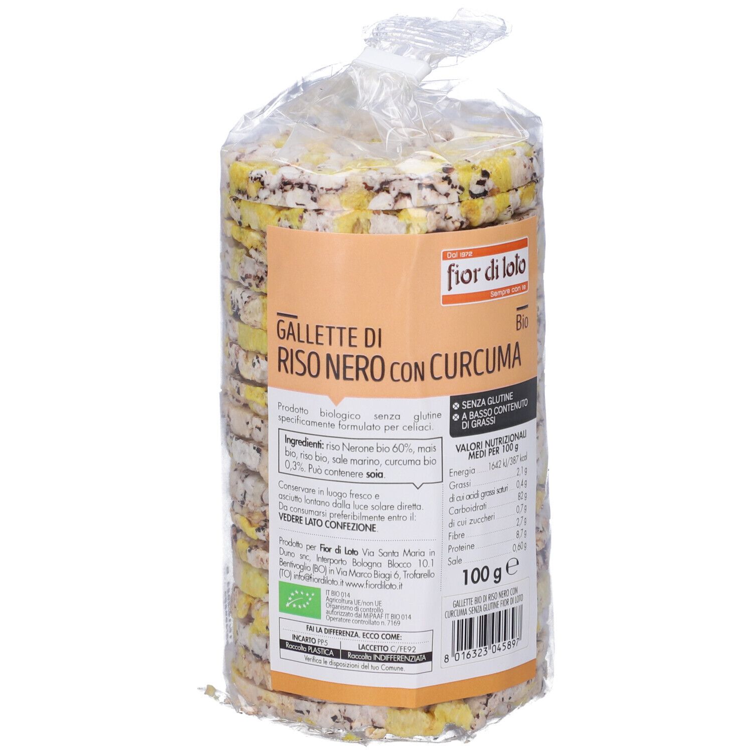 Confezione di gallette di riso con curcuma. Marchio Fior di Loto, Bio. Scritta: Senza glutine, a basso contenuto di grassi. 100g.