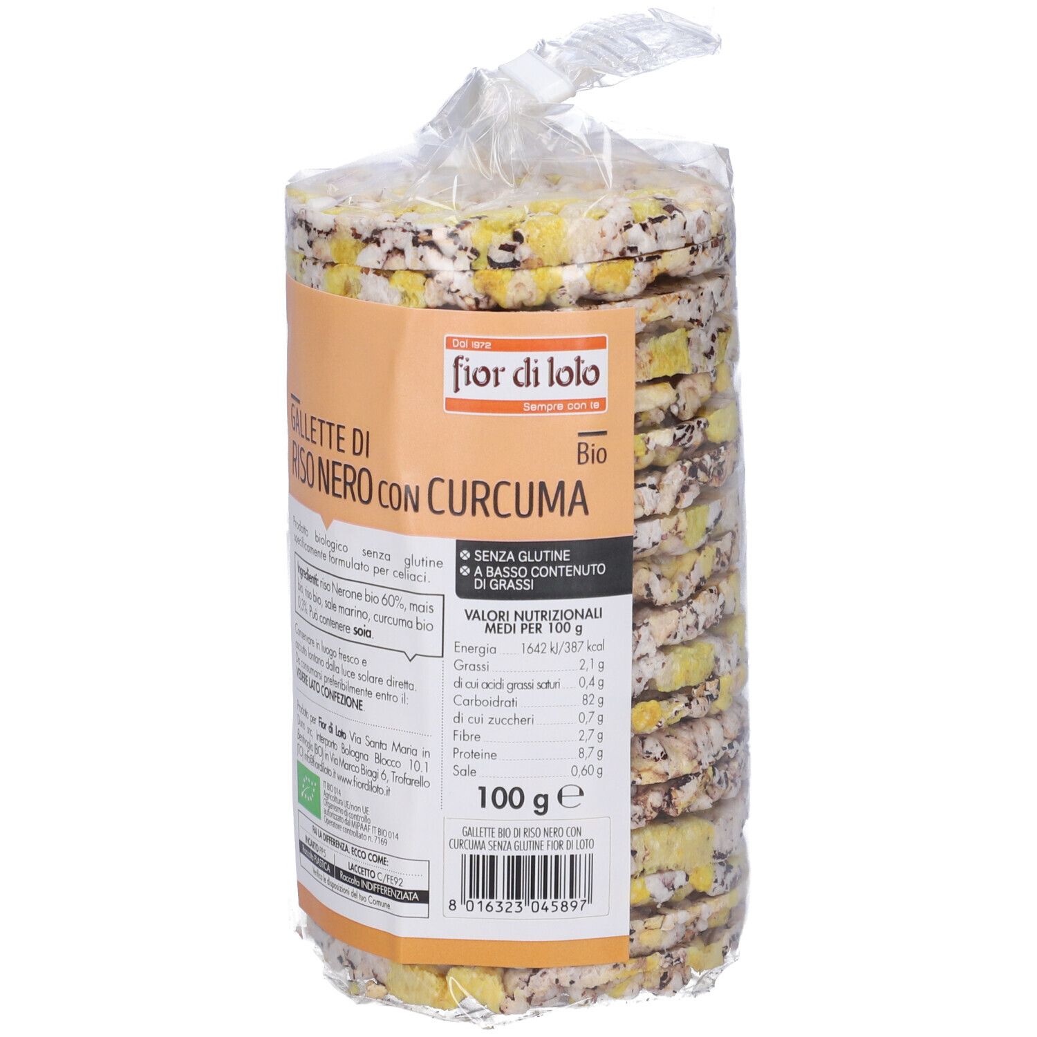 Confezione di gallette di riso con curcuma. Marchio Fior di Loto, Bio. Scritta: Senza glutine, a basso contenuto di grassi. 100g.