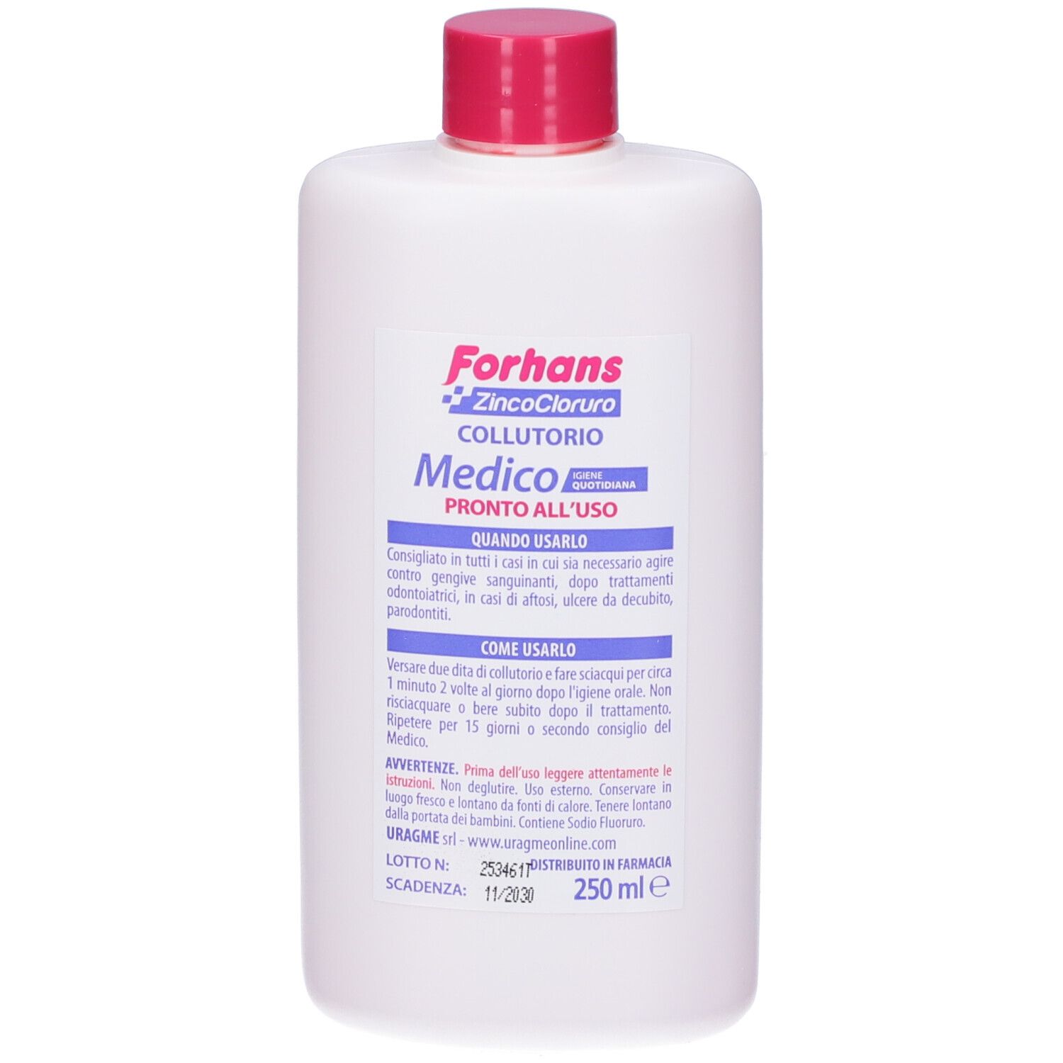 Forhans Medico Mundspülung, 250 ml Flasche mit rosa Verschluss.