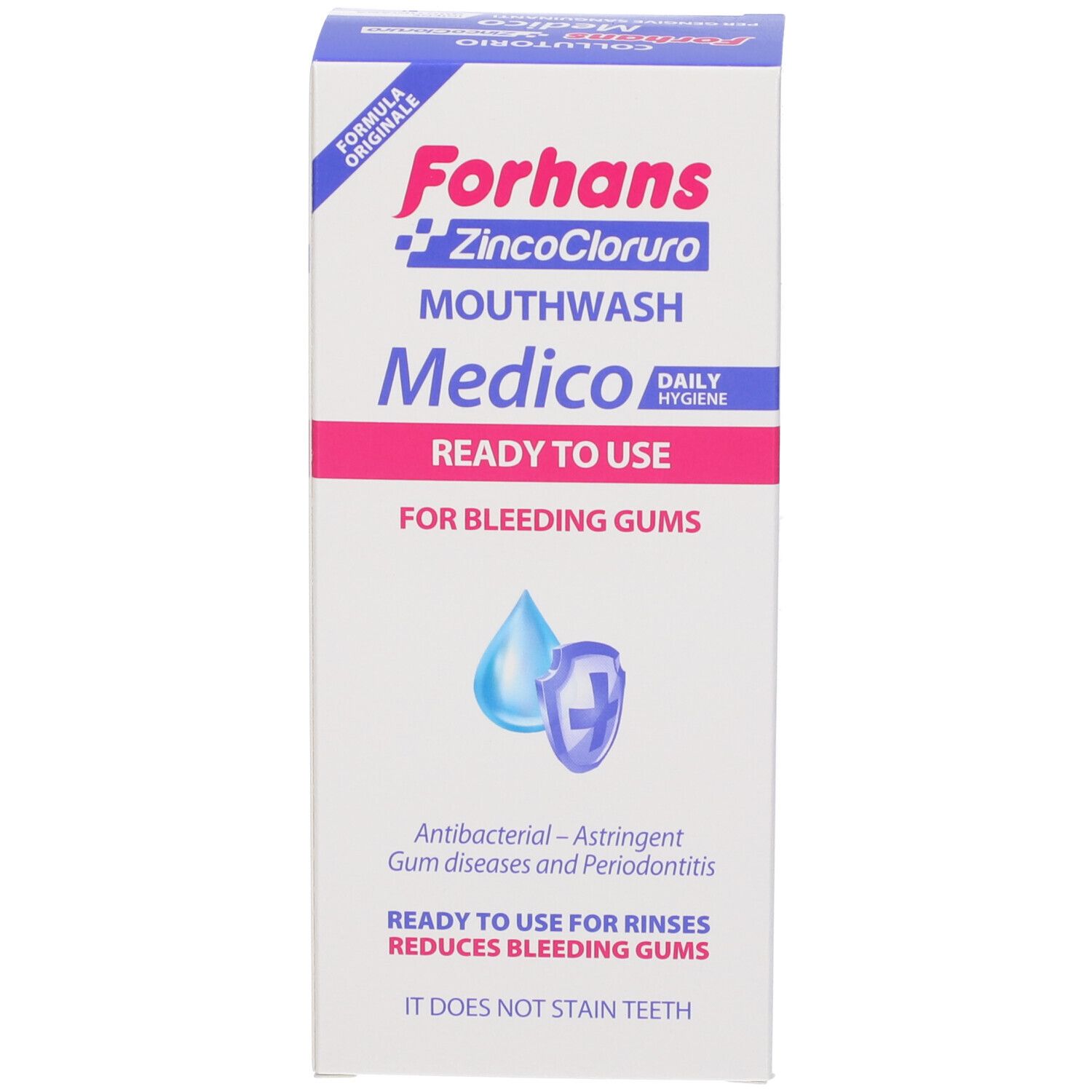 Forhans Medico Mundspülung Verpackung, 250 ml, englische Beschriftung.