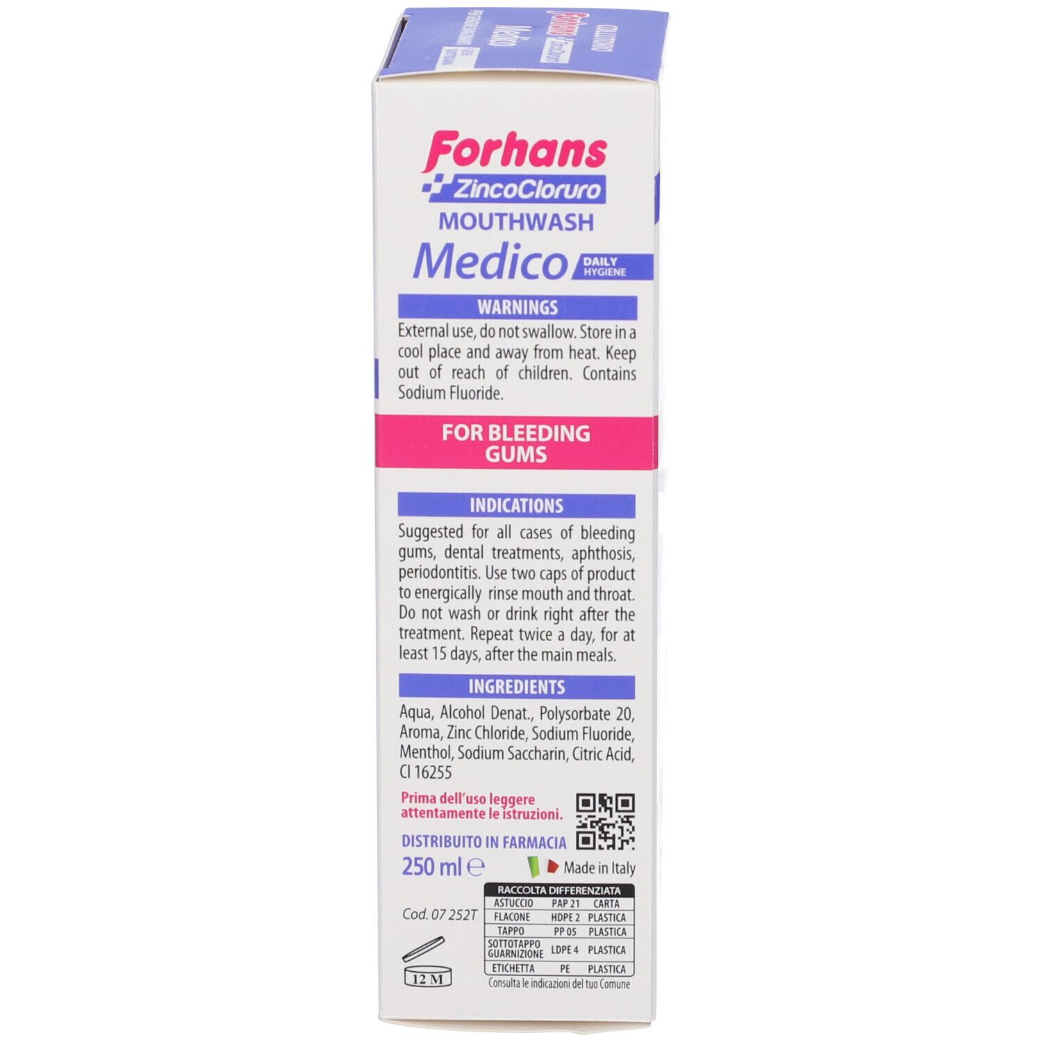 Rückseite der Forhans Medico Mundspülung Verpackung, 250 ml, englische Beschriftung.