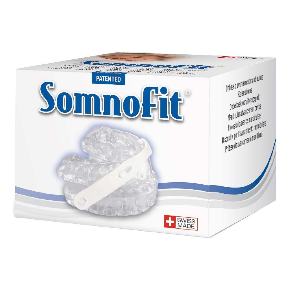 Confezione Somnofit. Scritte: Somnofit, Swiss Made, brevettato. Prodotto visibile all'interno.