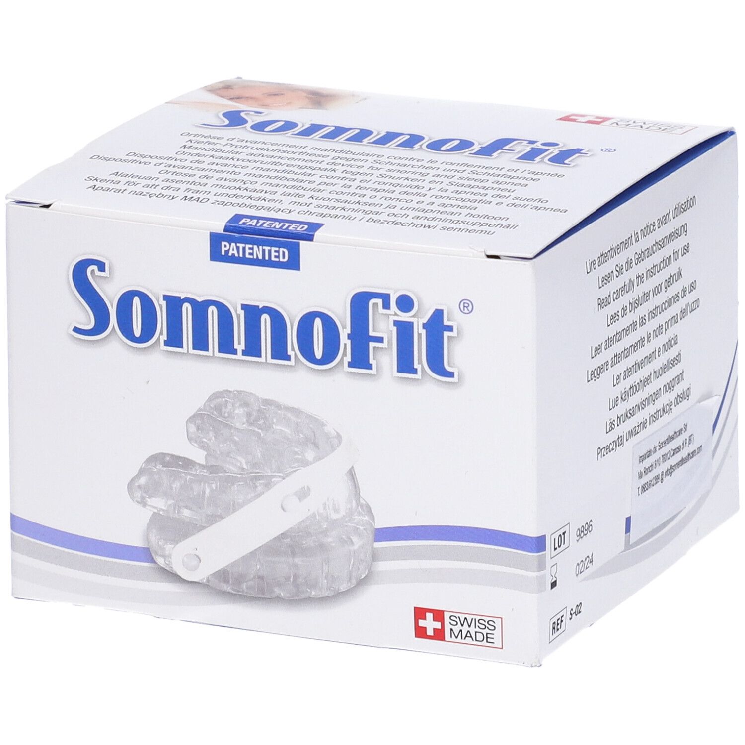 Confezione Somnofit. Scritte: Somnofit, Swiss Made, brevettato. Prodotto visibile all'interno.