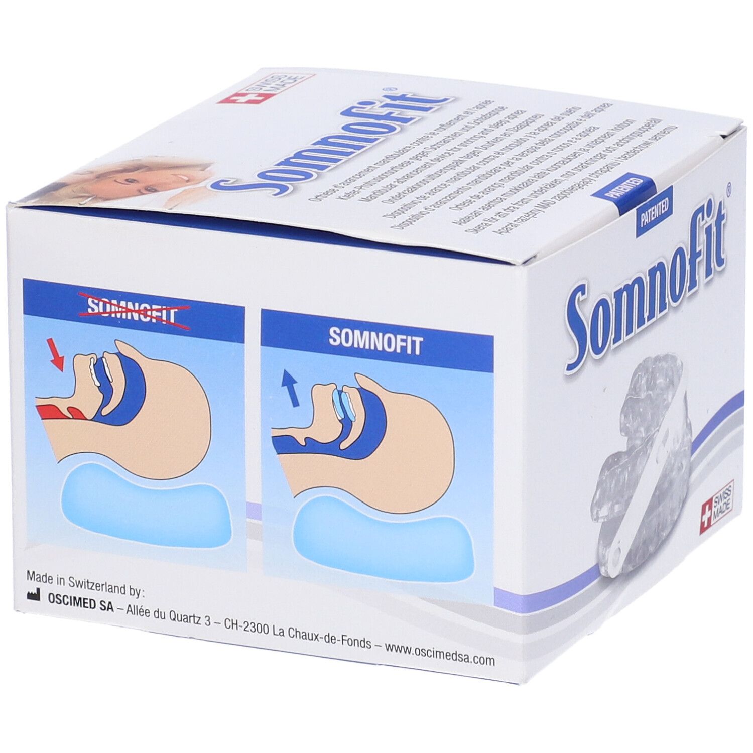 Confezione Somnofit. Scritte: Somnofit, Swiss Made, brevettato. Illustrazioni d'uso.