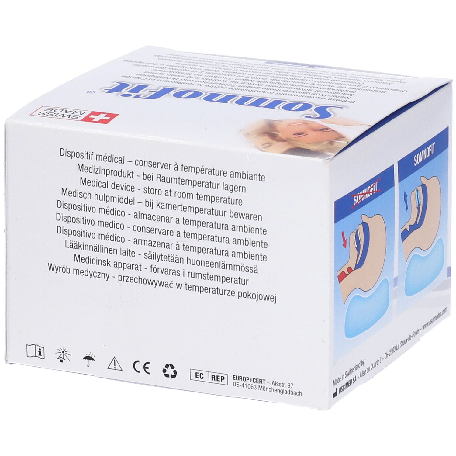 Confezione Somnofit. Scritte: Somnofit, Swiss Made, brevettato. Testo multilingue.