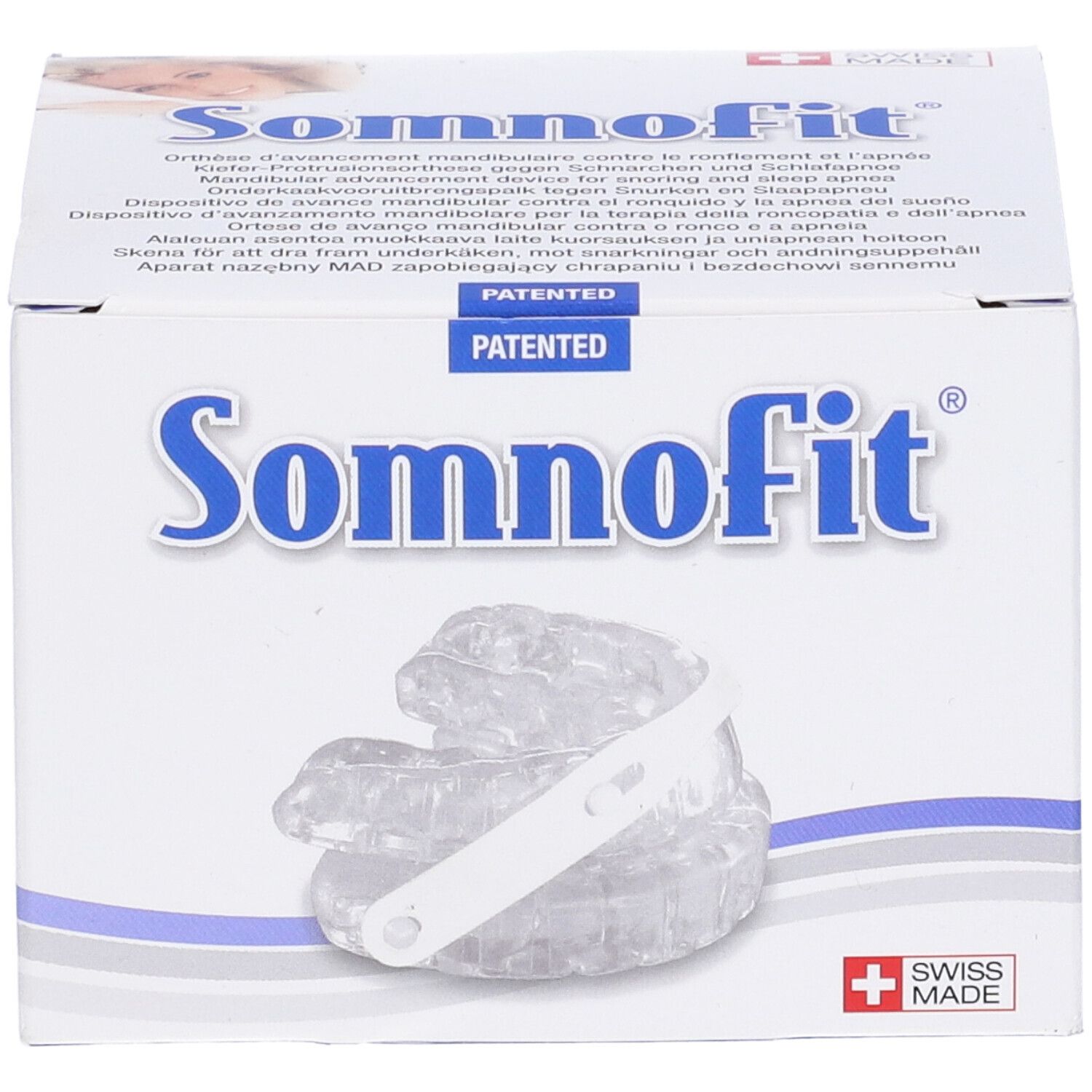 Confezione Somnofit. Scritte: Somnofit, Swiss Made, brevettato. Prodotto visibile all'interno.