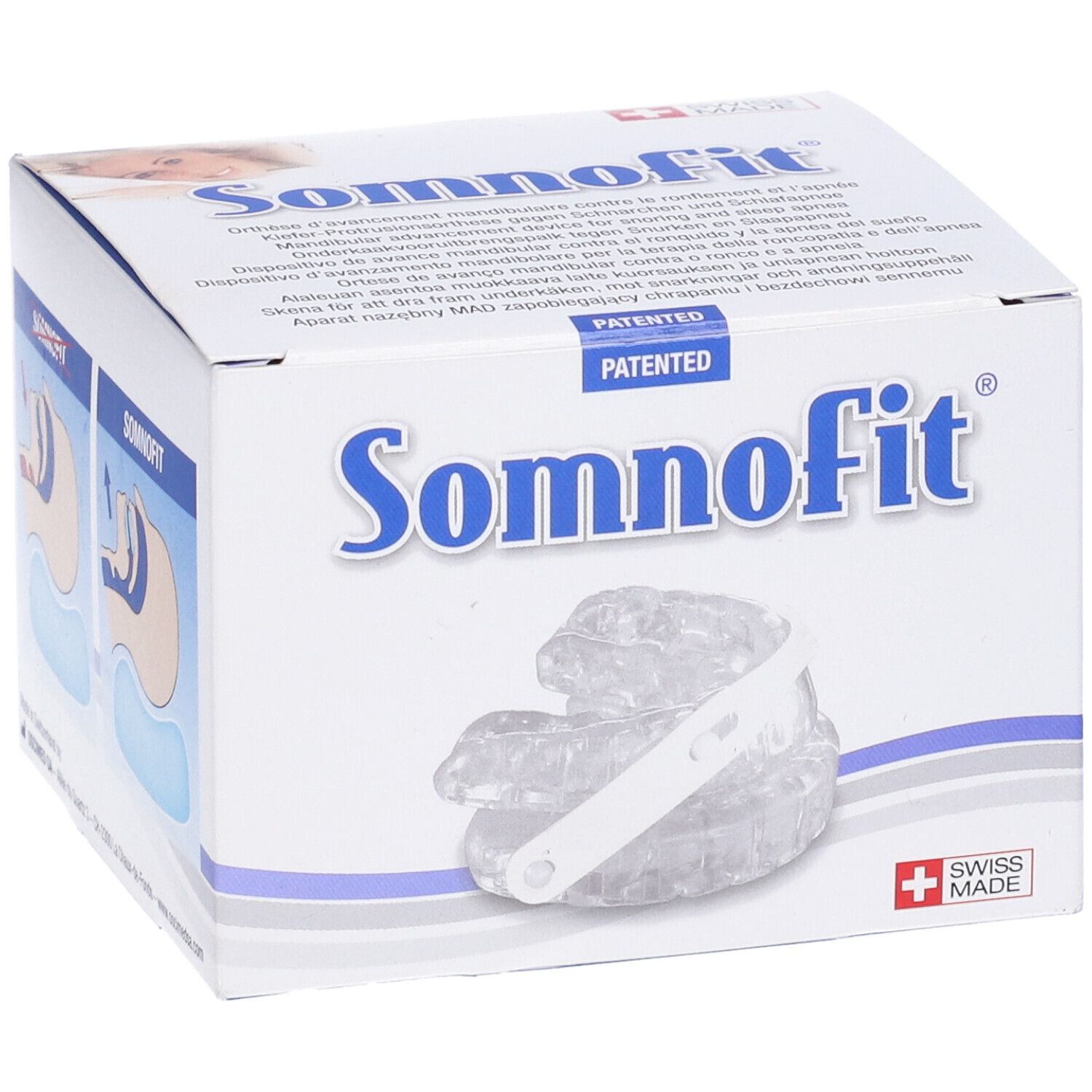 Confezione Somnofit. Scritte: Somnofit, Swiss Made, brevettato. Prodotto visibile all'interno.