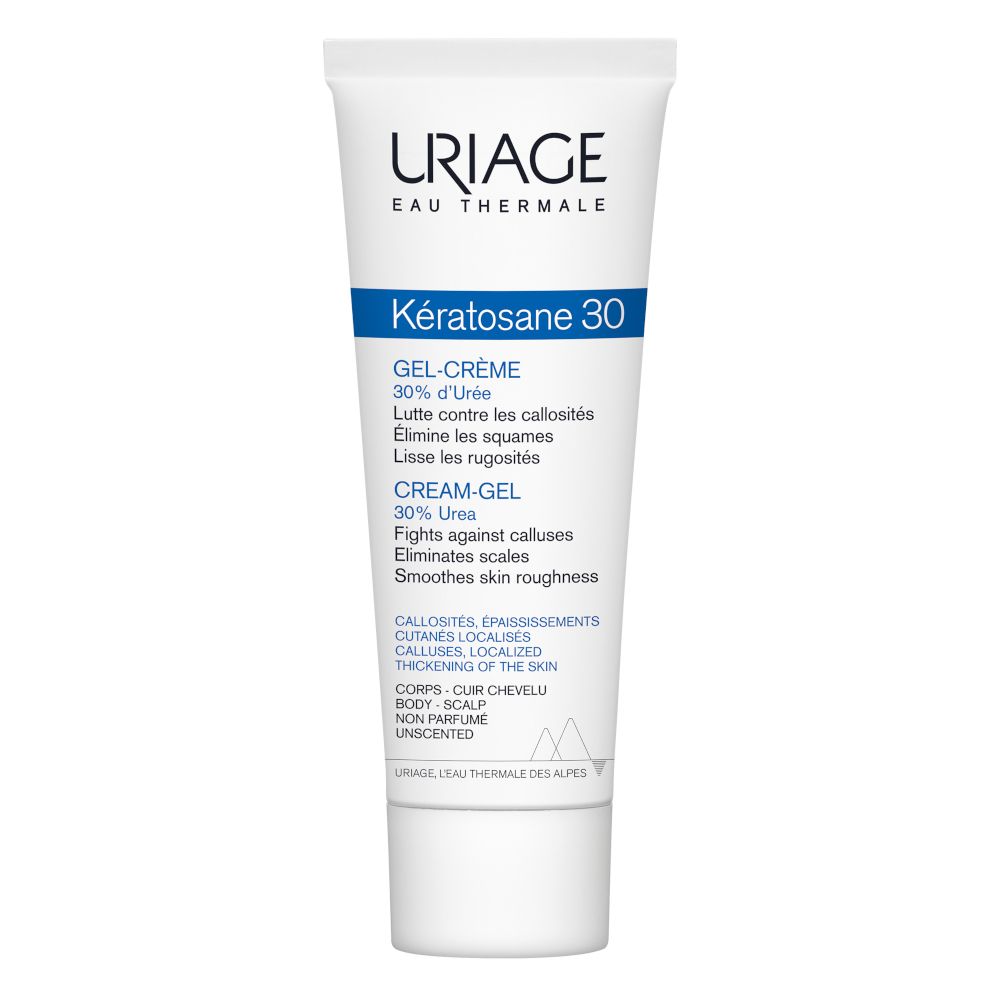 Tube Uriage Kératosane 30 Gel-Crème. Blanc, bleu. Texte. 30% Urée. Corps, cuir chevelu. Non parfumé.