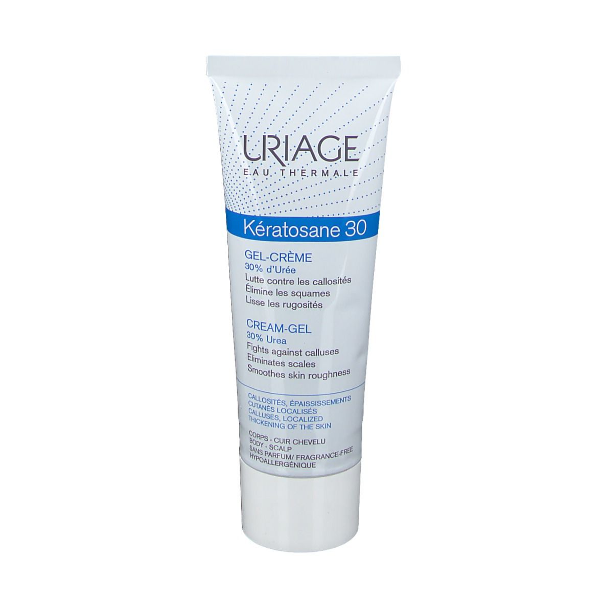 Tube Uriage Kératosane 30 Gel-Crème. Blanc, bleu. Texte. 30% Urée. Corps, cuir chevelu. Non parfumé.