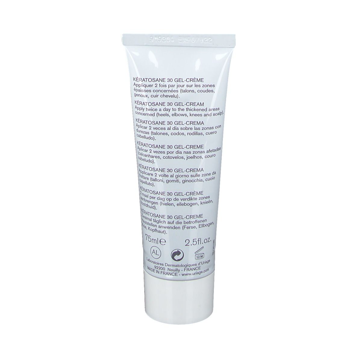 Dos du tube Uriage Kératosane 30 Gel-Crème. Texte multilingue. 75ml. Testé dermatologiquement.