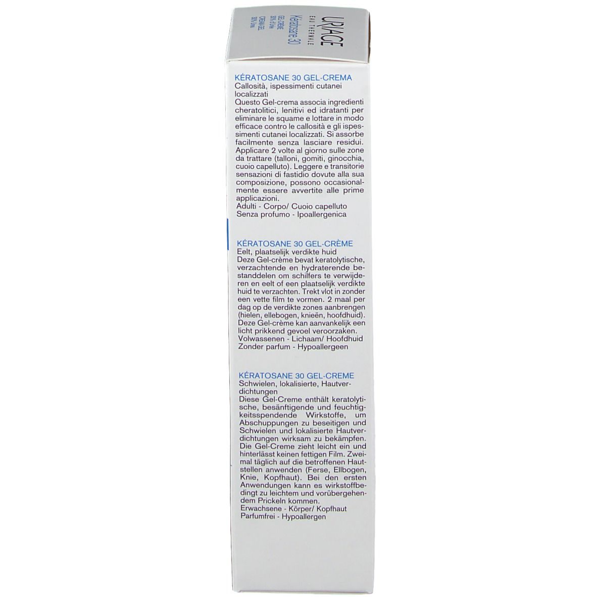 Emballage Uriage Kératosane 30. Texte multilingue. 75ml. Ingrédients. Testé dermatologiquement.