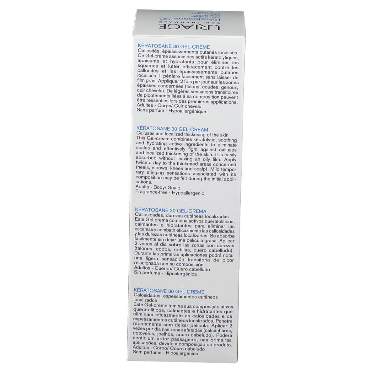 Emballage Uriage Kératosane 30. Texte multilingue. Ingrédients. Eau Thermale Uriage.