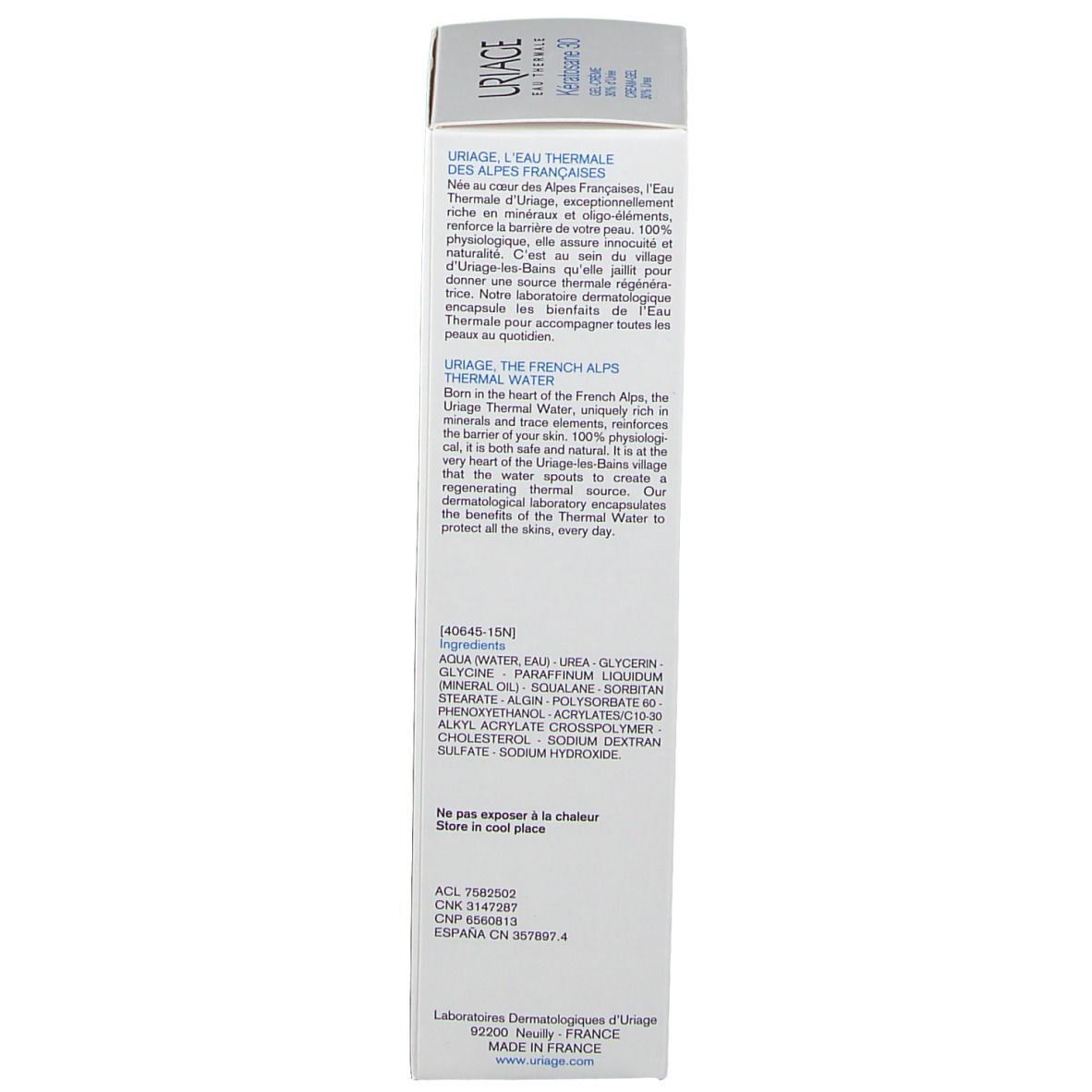 Emballage Uriage Kératosane 30. Texte. Ingrédients. Eau Thermale Uriage. Fabriqué en France.