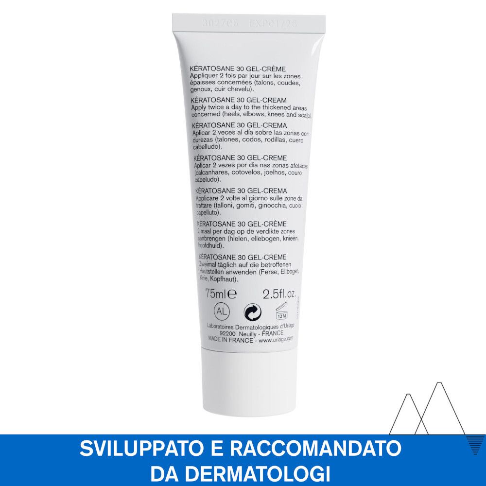 Dos du tube Uriage Kératosane 30 Gel-Crème. Texte multilingue. 75ml. Testé dermatologiquement.