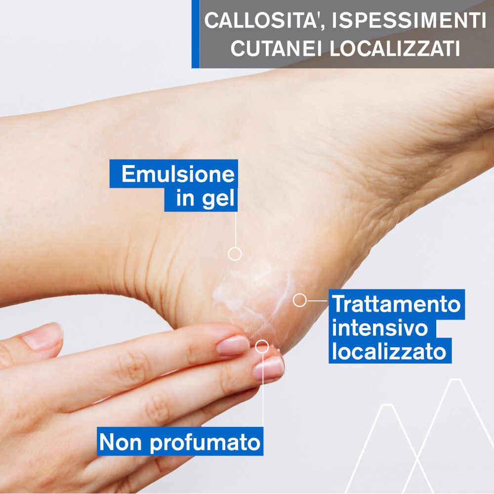Pied avec gel-crème. Texte : Émulsion en gel, non parfumé, traitement intensif. Callosités localisées.