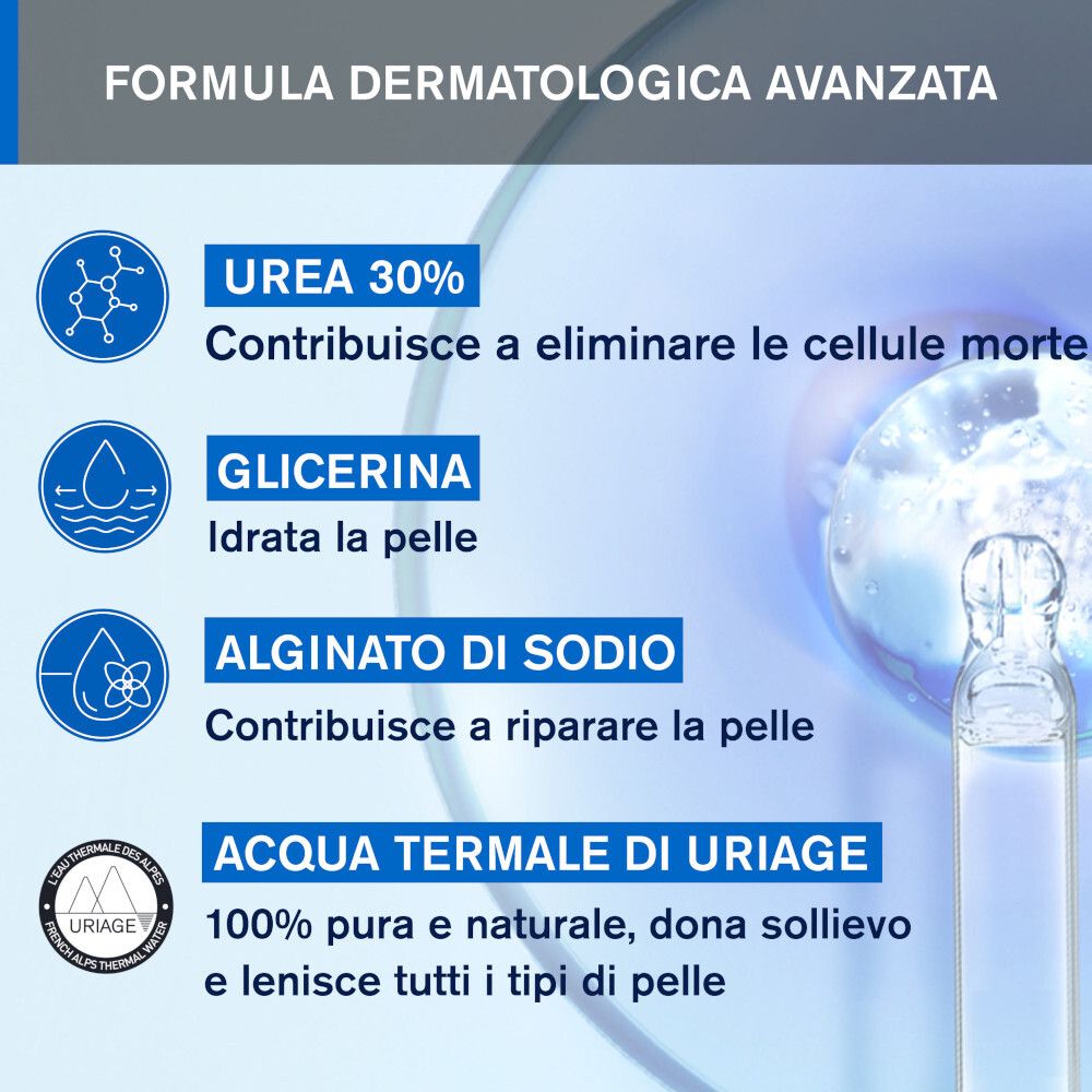 Graphique : 30% Urée, Glycérine, Alginate de sodium, Eau Thermale Uriage. Formule dermatologique.