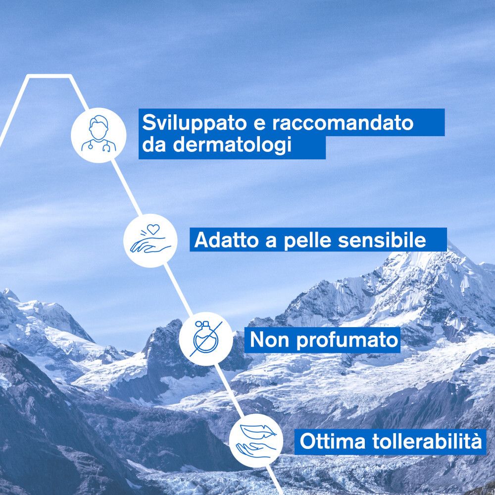 Graphique : Recommandé par les dermatologues, peau sensible, non parfumé, tolérance optimale. Montagnes.
