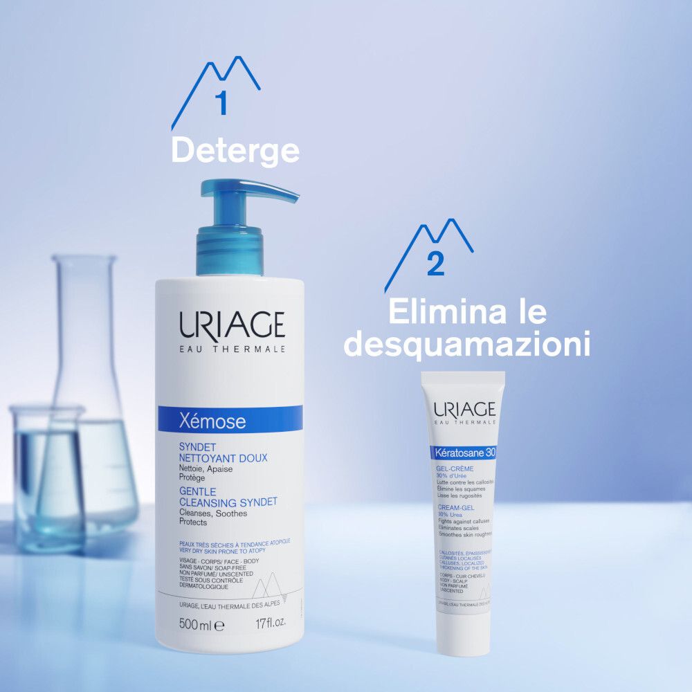 Uriage Xémose et Kératosane 30. Flacon et tube. Nettoie et élimine les squames. Syndet et gel-crème.