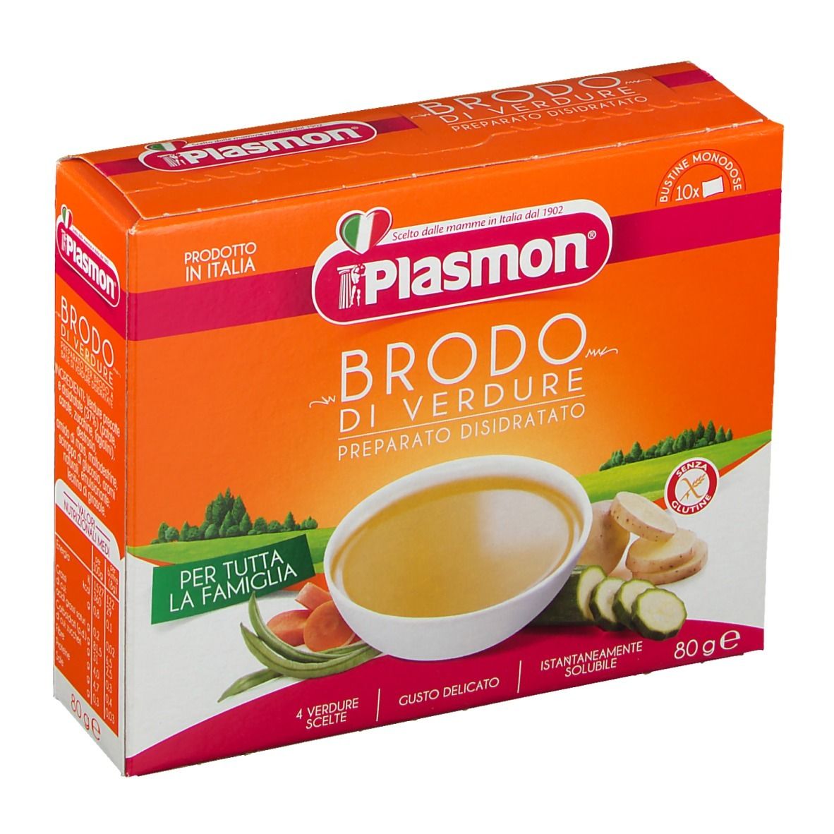 Orangefarbene Verpackung mit Plasmon Brodo di Verdure. Abbildung einer Suppe mit Gemüse. Glutenfrei.