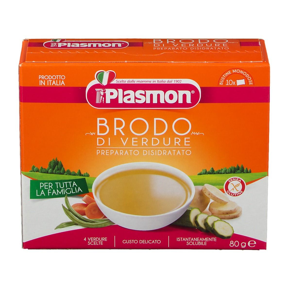 Orangefarbene Verpackung Plasmon Brodo di Verdure. Abbildung einer Suppe mit Gemüse. Glutenfrei.